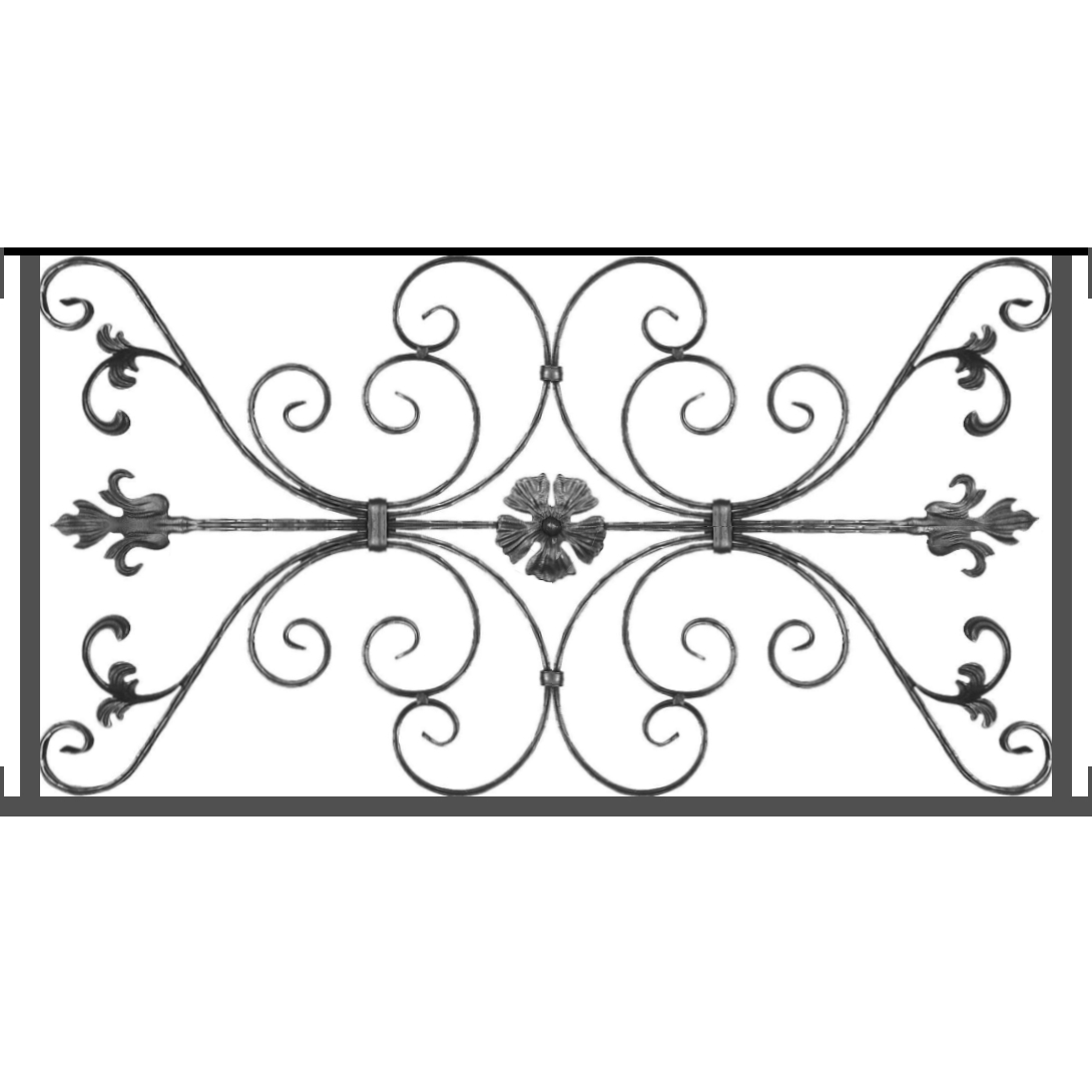 Appui de fenêtre type AF013 à visser dans votre tableau de fenêtre. Longueur finie de 1090mm et Hauteur finie de 568mm. Convient pour les tableaux de fenêtre de 1090mm. Main courante laminée de 1090mm de long en fer forgé sur le dessus. Motif au centre de 1010mm de long par 540mm de haut. Le reste de la structure est en tube acier carré de 20mm de section.