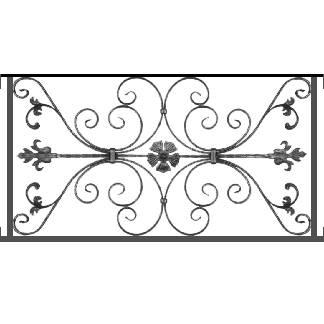 Appui de fenêtre type AF013 à visser dans votre tableau de fenêtre. Longueur finie de 1100mm et Hauteur finie de 568mm. Convient pour les tableaux de fenêtre de 1100mm. Main courante laminée de 1100mm de long en fer forgé sur le dessus. Motif au centre de 1010mm de long par 540mm de haut. Le reste de la structure est en tube acier carré de 20mm de section.