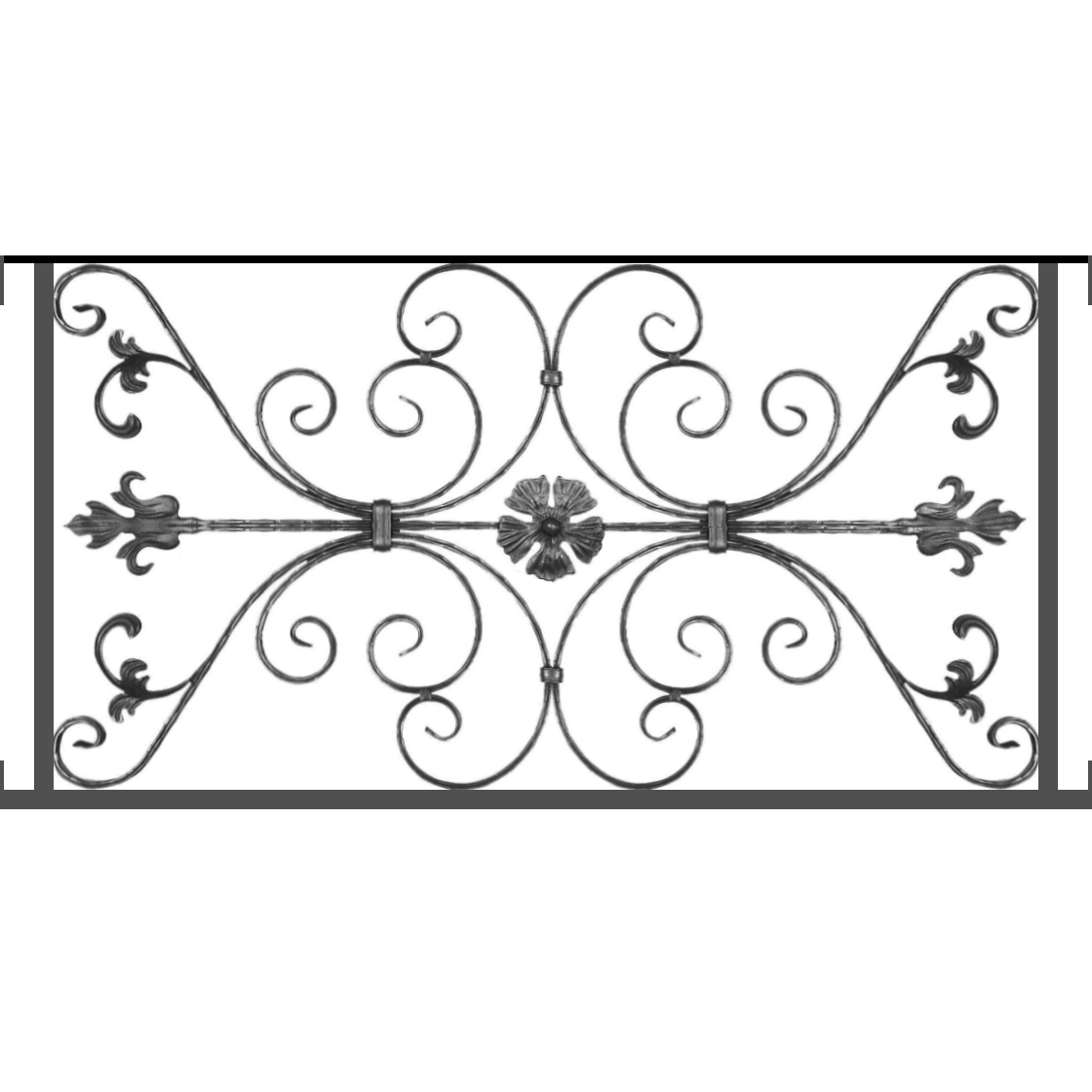 Appui de fenêtre type AF013 à visser dans votre tableau de fenêtre. Longueur finie de 1120mm et Hauteur finie de 568mm. Convient pour les tableaux de fenêtre de 1120mm. Main courante laminée de 1120mm de long en fer forgé sur le dessus. Motif au centre de 1010mm de long par 540mm de haut. Le reste de la structure est en tube acier carré de 20mm de section.