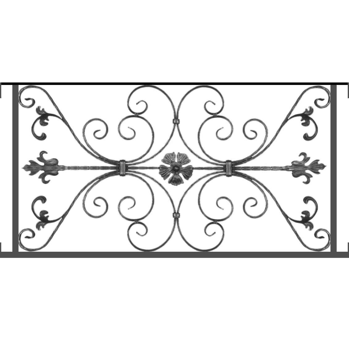 Appui de fenêtre type AF013 à visser dans votre tableau de fenêtre. Longueur finie de 1130mm et Hauteur finie de 568mm. Convient pour les tableaux de fenêtre de 1130mm. Main courante laminée de 1130mm de long en fer forgé sur le dessus. Motif au centre de 1010mm de long par 540mm de haut. Le reste de la structure est en tube acier carré de 20mm de section.