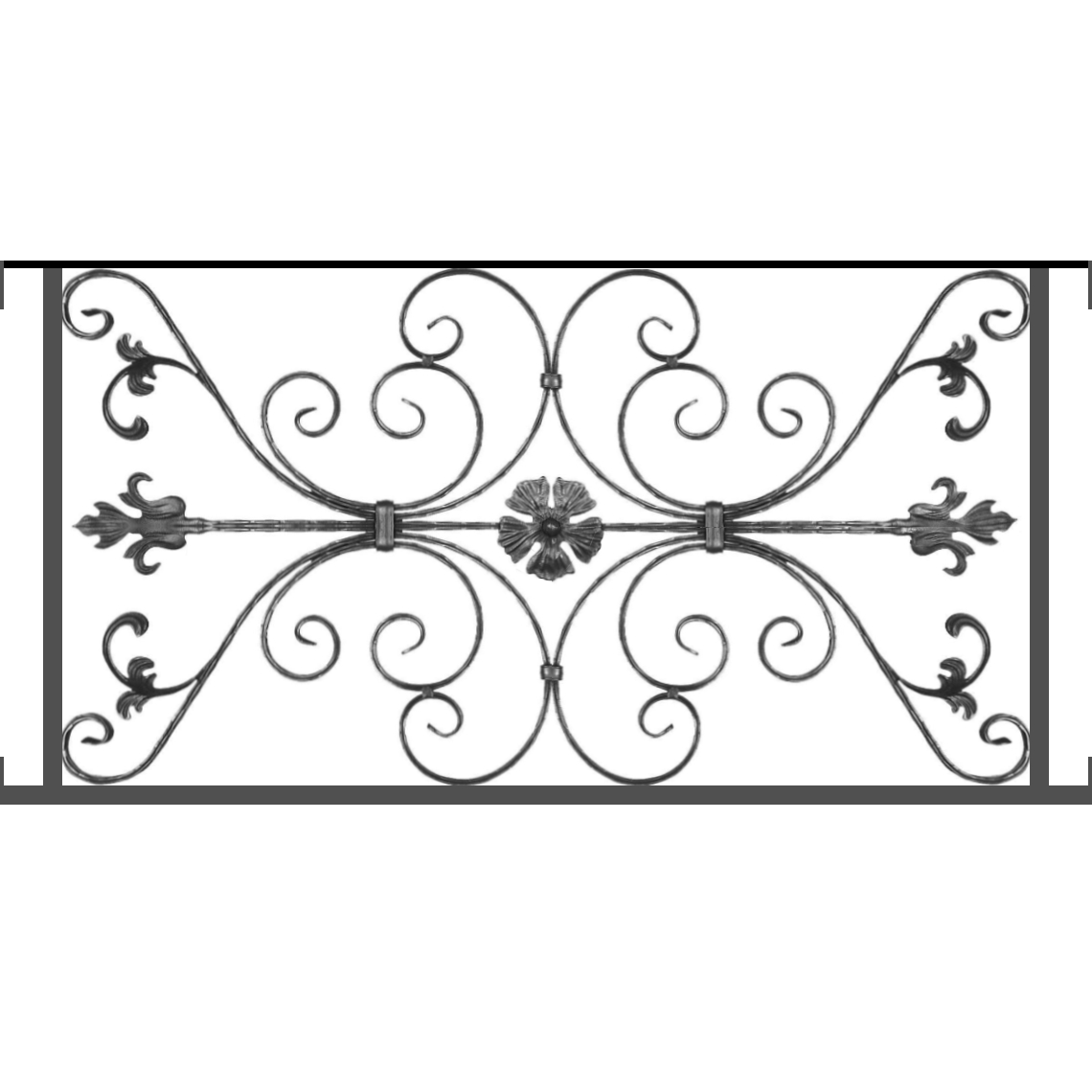 Appui de fenêtre type AF013 à visser dans votre tableau de fenêtre. Longueur finie de 1140mm et Hauteur finie de 568mm. Convient pour les tableaux de fenêtre de 1140mm. Main courante laminée de 1140mm de long en fer forgé sur le dessus. Motif au centre de 1010mm de long par 540mm de haut. Le reste de la structure est en tube acier carré de 20mm de section.