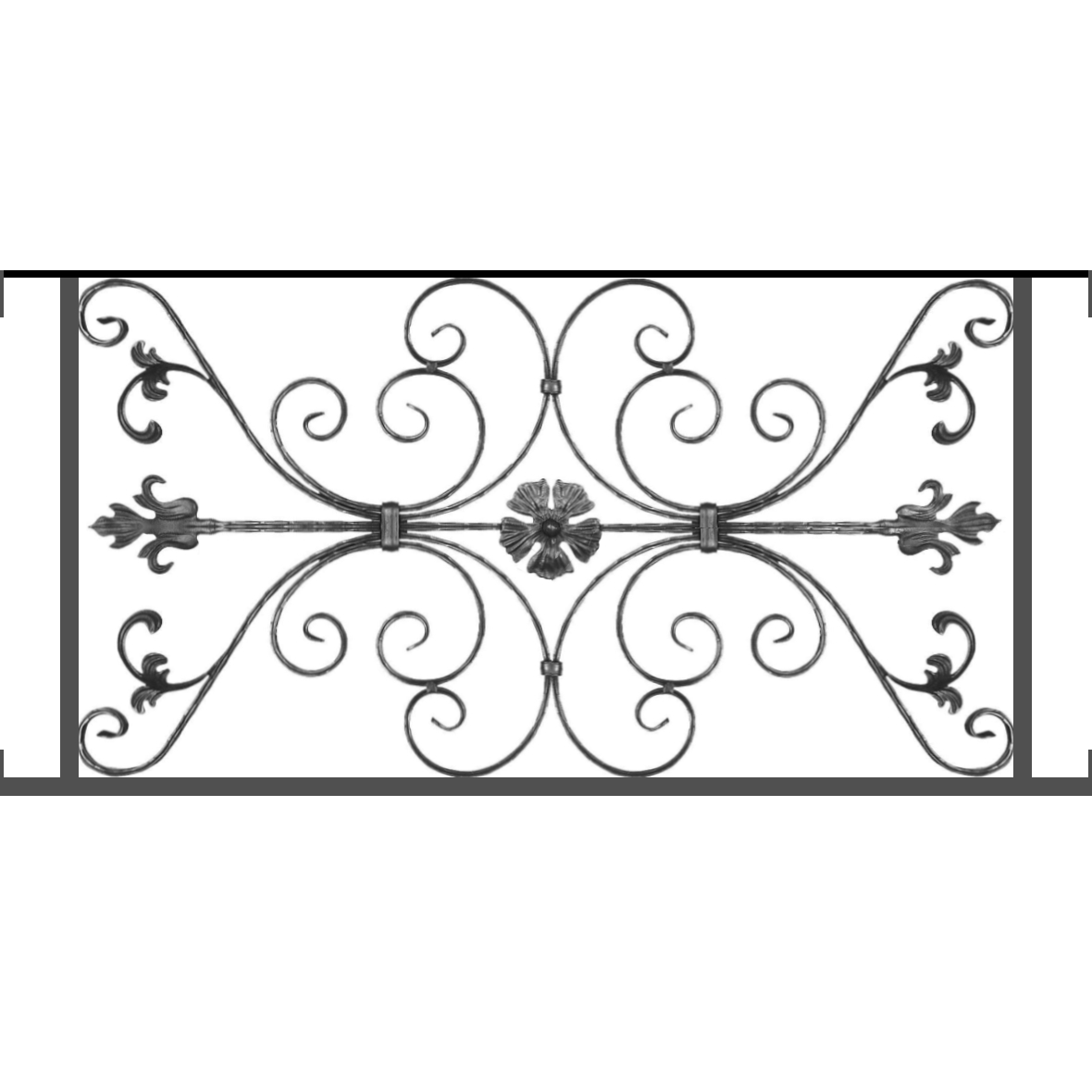 Appui de fenêtre type AF013 à visser dans votre tableau de fenêtre. Longueur finie de 1180mm et Hauteur finie de 568mm. Convient pour les tableaux de fenêtre de 1180mm. Main courante laminée de 1180mm de long en fer forgé sur le dessus. Motif au centre de 1010mm de long par 540mm de haut. Le reste de la structure est en tube acier carré de 20mm de section.