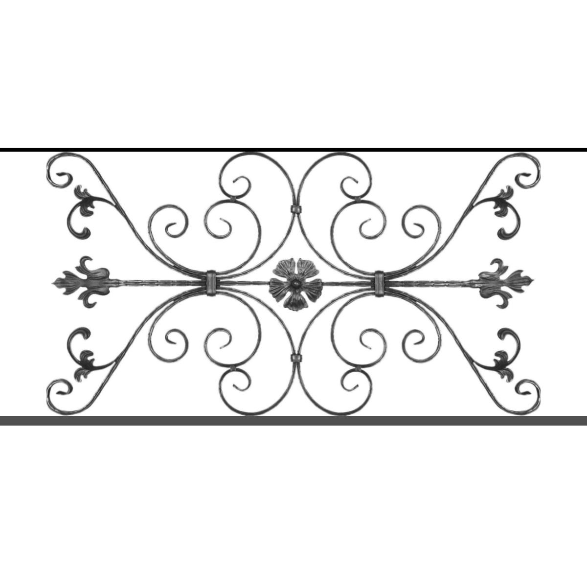 Appui de fenêtre type AF013 à sceller dans votre tableau de fenêtre. Longueur finie de 1200mm et Hauteur finie de 568mm. Convient pour les tableaux de fenêtre de 1100mm. 50mm de scellement sont prévue de chaque côté. Main courante laminée de 1100mm de long en fer forgé sur le dessus. Motif au centre de 1010mm de long par 540mm de haut. Le reste de la structure est en tube acier carré de 20mm de section.