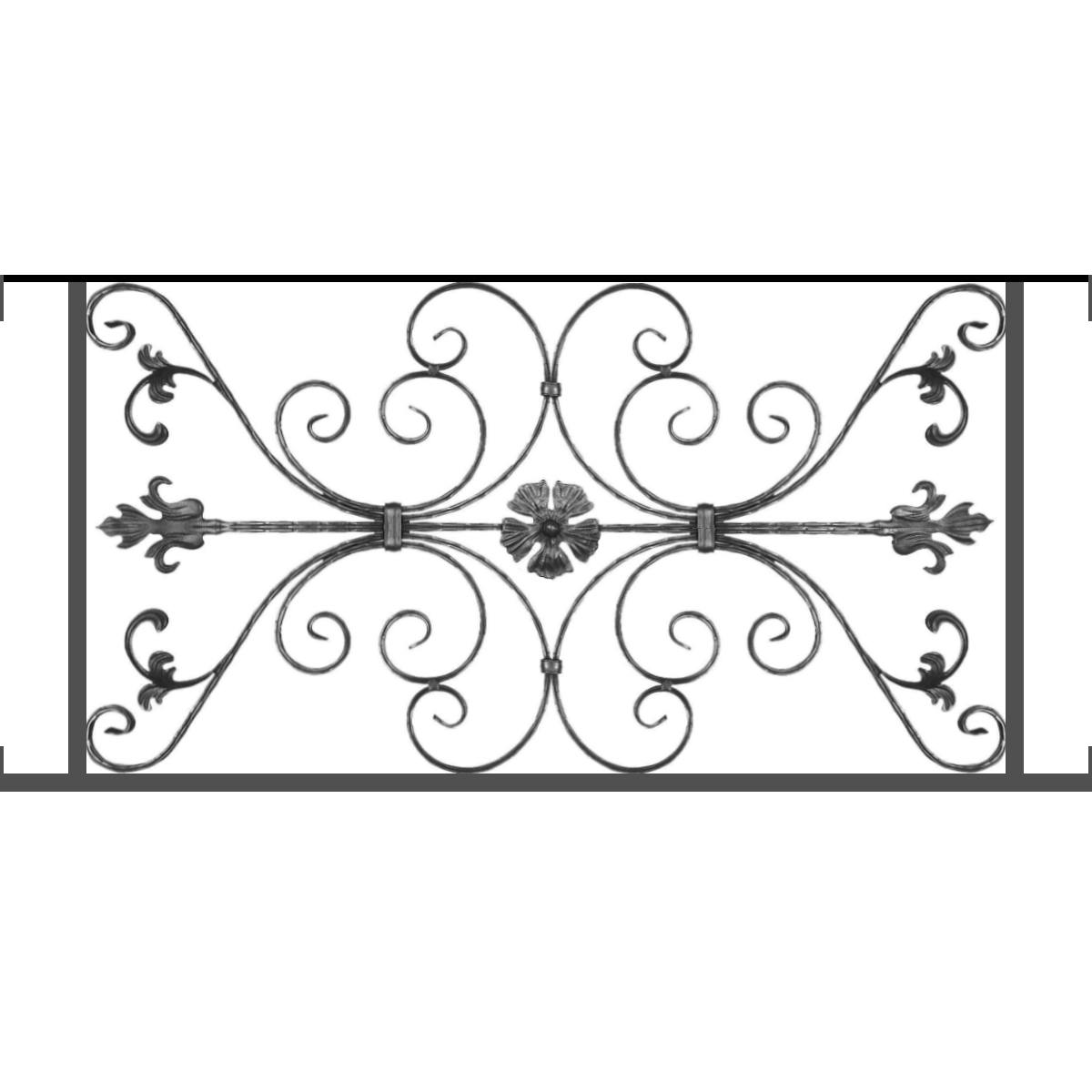 Appui de fenêtre type AF013 à visser dans votre tableau de fenêtre. Longueur finie de 1200mm et Hauteur finie de 568mm. Convient pour les tableaux de fenêtre de 1200mm. Main courante laminée de 1200mm de long en fer forgé sur le dessus. Motif au centre de 1010mm de long par 540mm de haut. Le reste de la structure est en tube acier carré de 20mm de section.