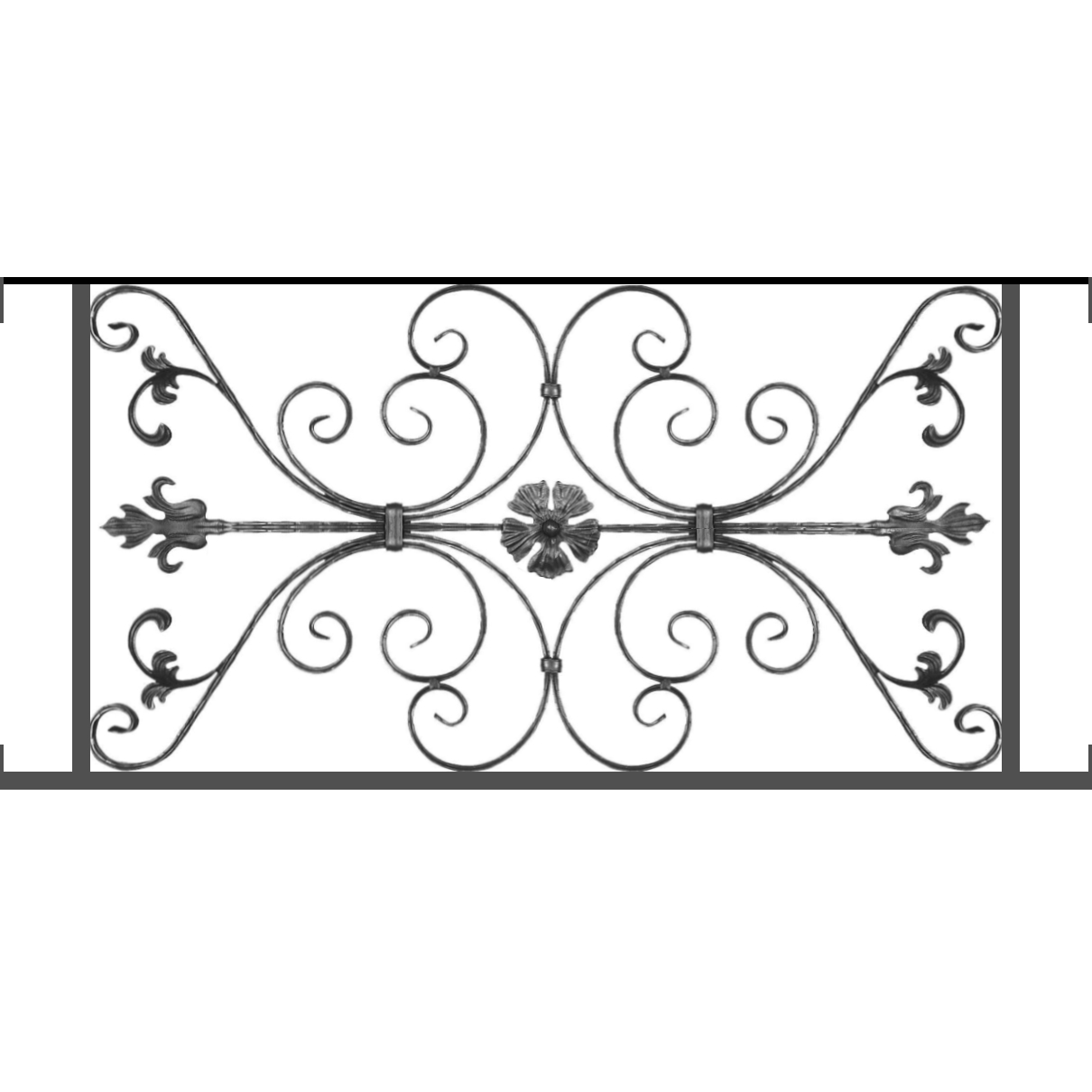 Appui de fenêtre type AF013 à visser dans votre tableau de fenêtre. Longueur finie de 1210mm et Hauteur finie de 568mm. Convient pour les tableaux de fenêtre de 1210mm. Main courante laminée de 1210mm de long en fer forgé sur le dessus. Motif au centre de 1010mm de long par 540mm de haut. Le reste de la structure est en tube acier carré de 20mm de section.
