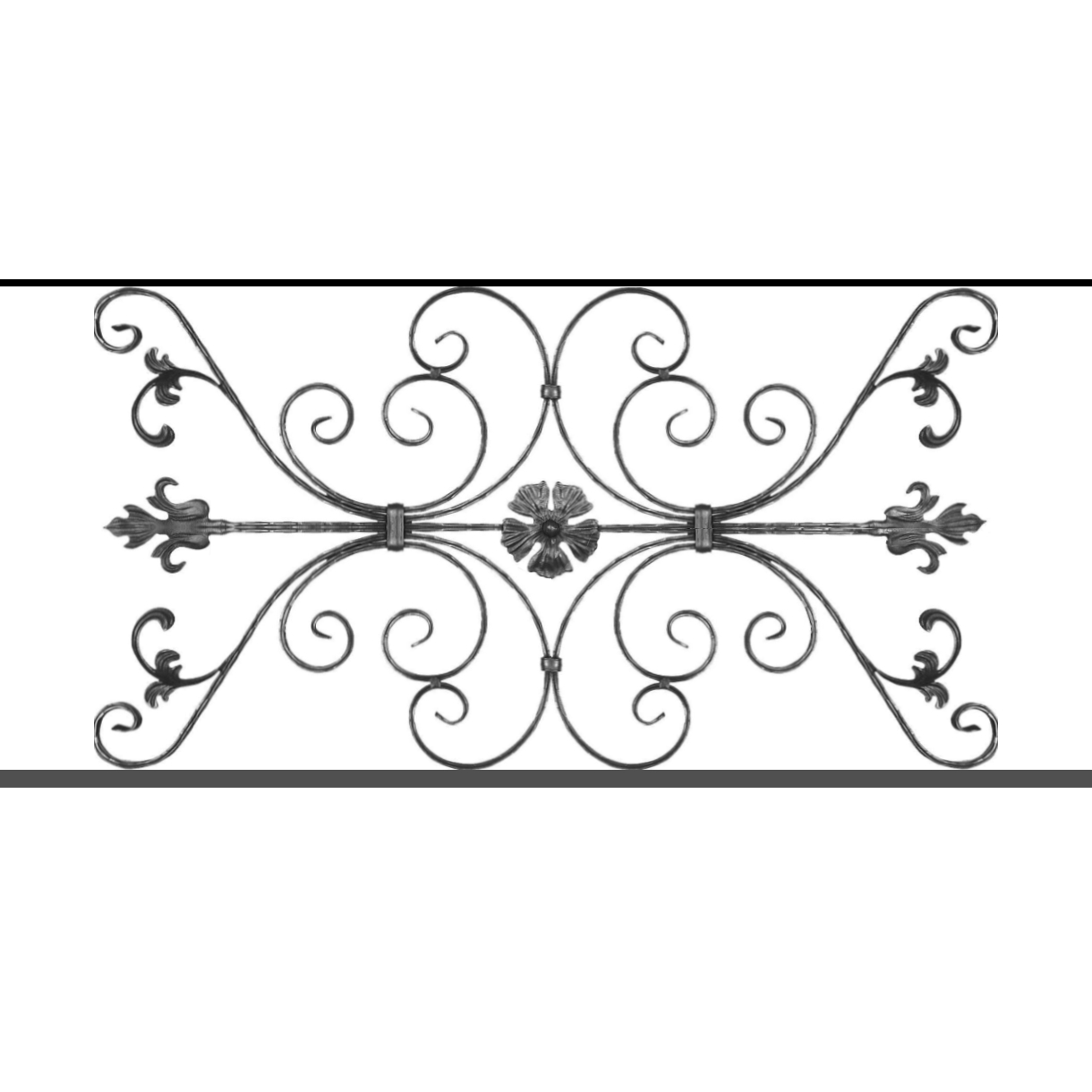Appui de fenêtre type AF013 à sceller dans votre tableau de fenêtre. Longueur finie de 1220mm et Hauteur finie de 568mm. Convient pour les tableaux de fenêtre de 1120mm. 50mm de scellement sont prévue de chaque côté. Main courante laminée de 1120mm de long en fer forgé sur le dessus. Motif au centre de 1010mm de long par 540mm de haut. Le reste de la structure est en tube acier carré de 20mm de section.