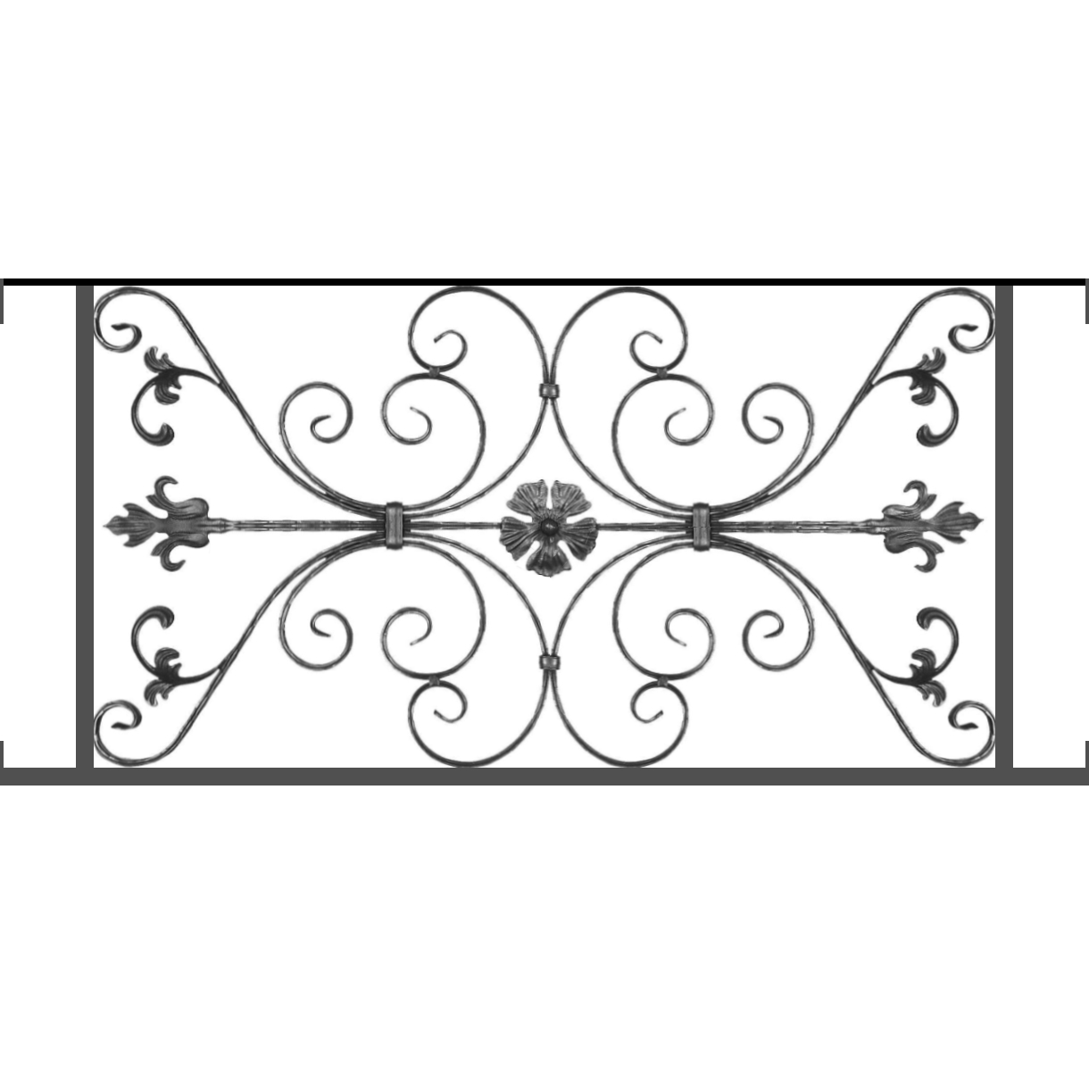 Appui de fenêtre type AF013 à visser dans votre tableau de fenêtre. Longueur finie de 1220mm et Hauteur finie de 568mm. Convient pour les tableaux de fenêtre de 1220mm. Main courante laminée de 1220mm de long en fer forgé sur le dessus. Motif au centre de 1010mm de long par 540mm de haut. Le reste de la structure est en tube acier carré de 20mm de section.