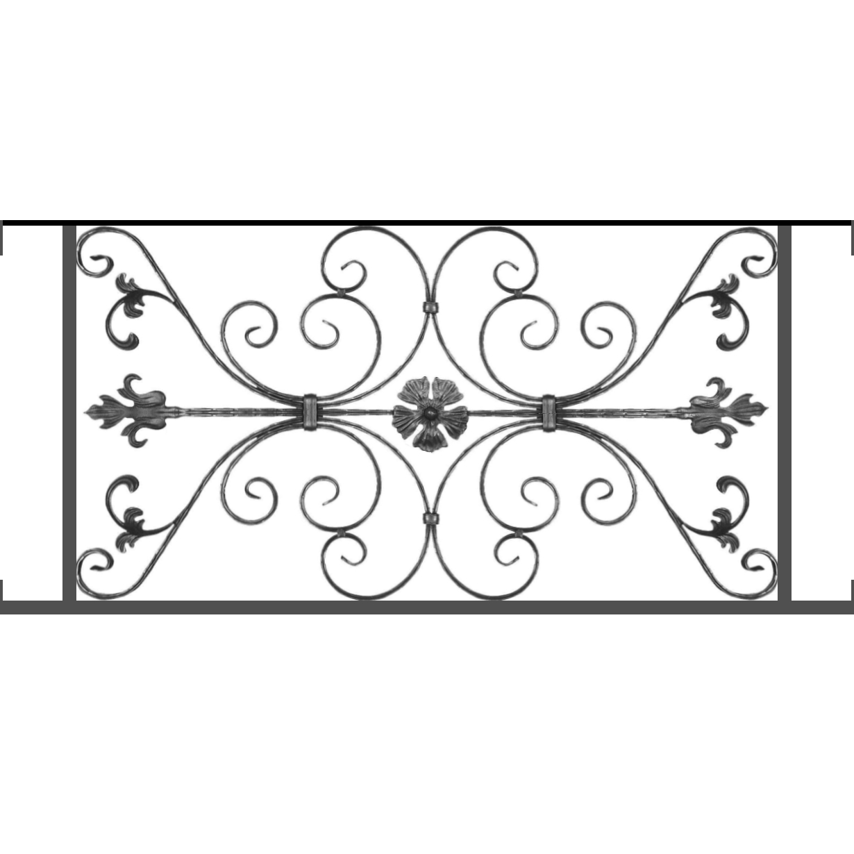Appui de fenêtre type AF013 à visser dans votre tableau de fenêtre. Longueur finie de 1230mm et Hauteur finie de 568mm. Convient pour les tableaux de fenêtre de 1230mm. Main courante laminée de 1230mm de long en fer forgé sur le dessus. Motif au centre de 1010mm de long par 540mm de haut. Le reste de la structure est en tube acier carré de 20mm de section.