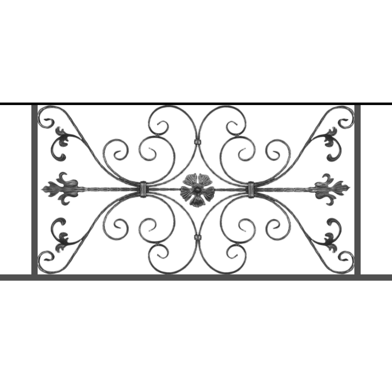 Appui de fenêtre type AF013 à sceller dans votre tableau de fenêtre. Longueur finie de 1250mm et Hauteur finie de 568mm. Convient pour les tableaux de fenêtre de 1150mm. 50mm de scellement sont prévue de chaque côté. Main courante laminée de 1150mm de long en fer forgé sur le dessus. Motif au centre de 1010mm de long par 540mm de haut. Le reste de la structure est en tube acier carré de 20mm de section.
