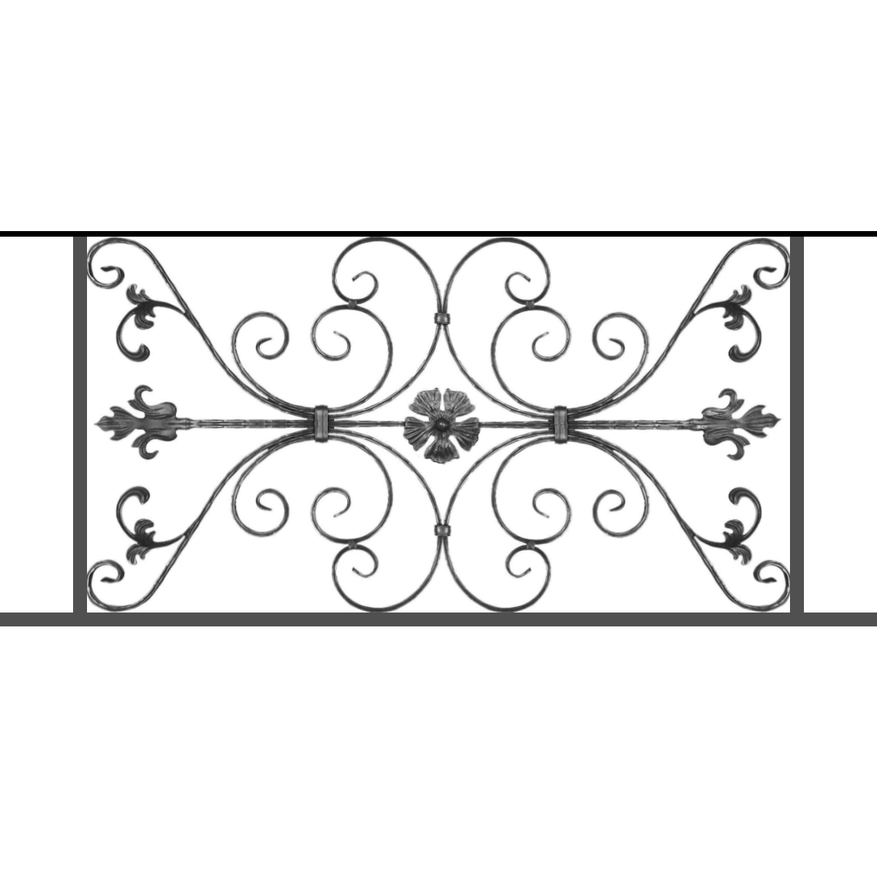 Appui de fenêtre type AF013 à sceller dans votre tableau de fenêtre. Longueur finie de 1260mm et Hauteur finie de 568mm. Convient pour les tableaux de fenêtre de 1160mm. 50mm de scellement sont prévue de chaque côté. Main courante laminée de 1160mm de long en fer forgé sur le dessus. Motif au centre de 1010mm de long par 540mm de haut. Le reste de la structure est en tube acier carré de 20mm de section.