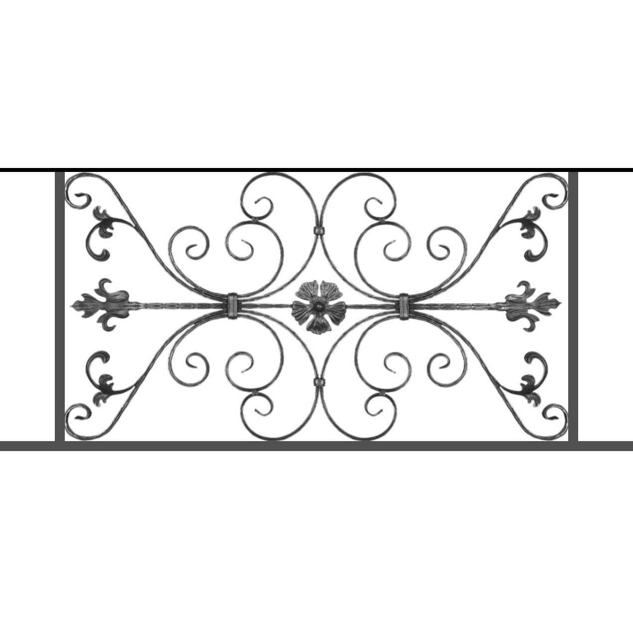 Appui de fenêtre type AF013 à sceller dans votre tableau de fenêtre. Longueur finie de 1270mm et Hauteur finie de 568mm. Convient pour les tableaux de fenêtre de 1170mm. 50mm de scellement sont prévue de chaque côté. Main courante laminée de 1170mm de long en fer forgé sur le dessus. Motif au centre de 1010mm de long par 540mm de haut. Le reste de la structure est en tube acier carré de 20mm de section.