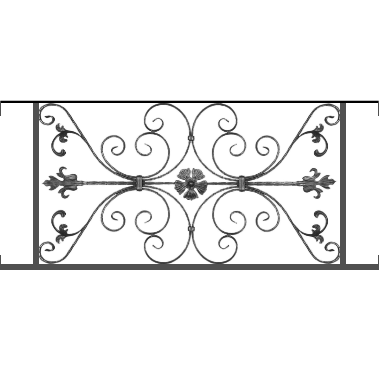 Appui de fenêtre type AF013 à visser dans votre tableau de fenêtre. Longueur finie de 1270mm et Hauteur finie de 568mm. Convient pour les tableaux de fenêtre de 1270mm. Main courante laminée de 1270mm de long en fer forgé sur le dessus. Motif au centre de 1010mm de long par 540mm de haut. Le reste de la structure est en tube acier carré de 20mm de section.