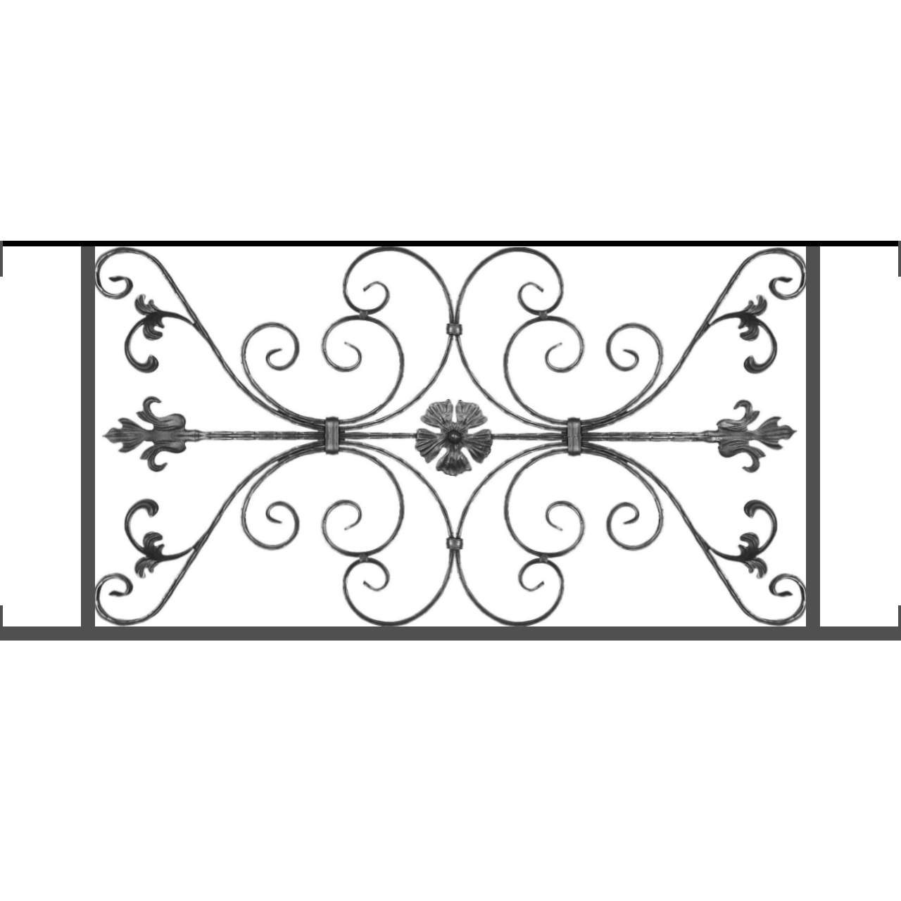 Appui de fenêtre type AF013 à visser dans votre tableau de fenêtre. Longueur finie de 1280mm et Hauteur finie de 568mm. Convient pour les tableaux de fenêtre de 1280mm. Main courante laminée de 1280mm de long en fer forgé sur le dessus. Motif au centre de 1010mm de long par 540mm de haut. Le reste de la structure est en tube acier carré de 20mm de section.