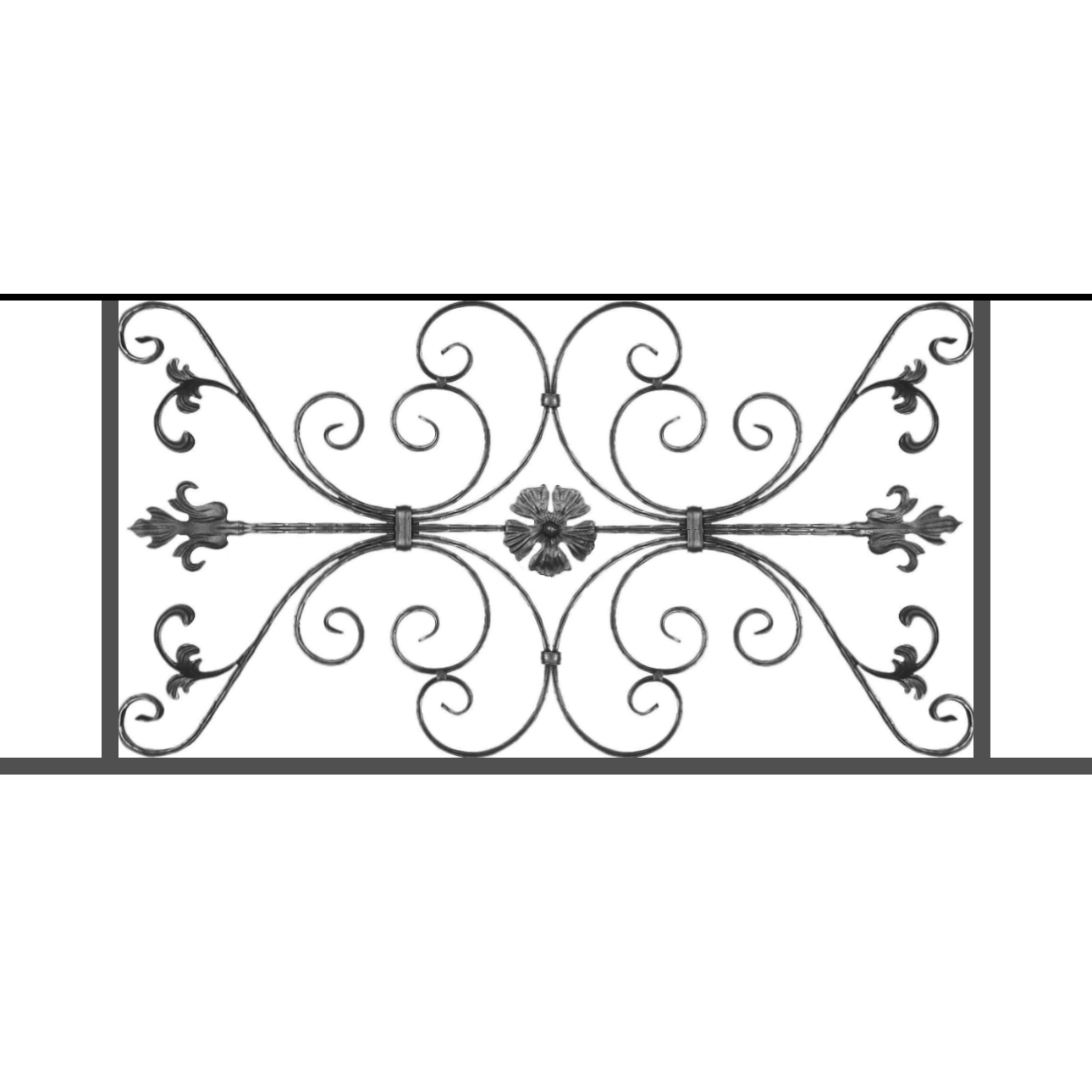 Appui de fenêtre type AF013 à sceller dans votre tableau de fenêtre. Longueur finie de 1290mm et Hauteur finie de 568mm. Convient pour les tableaux de fenêtre de 1190mm. 50mm de scellement sont prévue de chaque côté. Main courante laminée de 1190mm de long en fer forgé sur le dessus. Motif au centre de 1010mm de long par 540mm de haut. Le reste de la structure est en tube acier carré de 20mm de section.