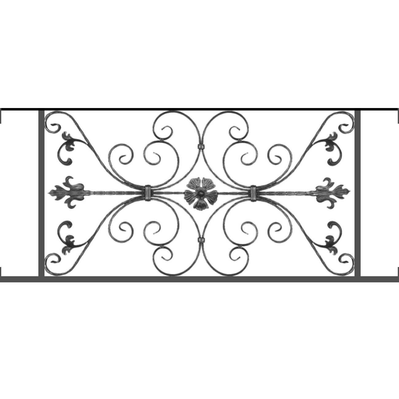 Appui de fenêtre type AF013 à visser dans votre tableau de fenêtre. Longueur finie de 1300mm et Hauteur finie de 568mm. Convient pour les tableaux de fenêtre de 1300mm. Main courante laminée de 1300mm de long en fer forgé sur le dessus. Motif au centre de 1010mm de long par 540mm de haut. Le reste de la structure est en tube acier carré de 20mm de section.