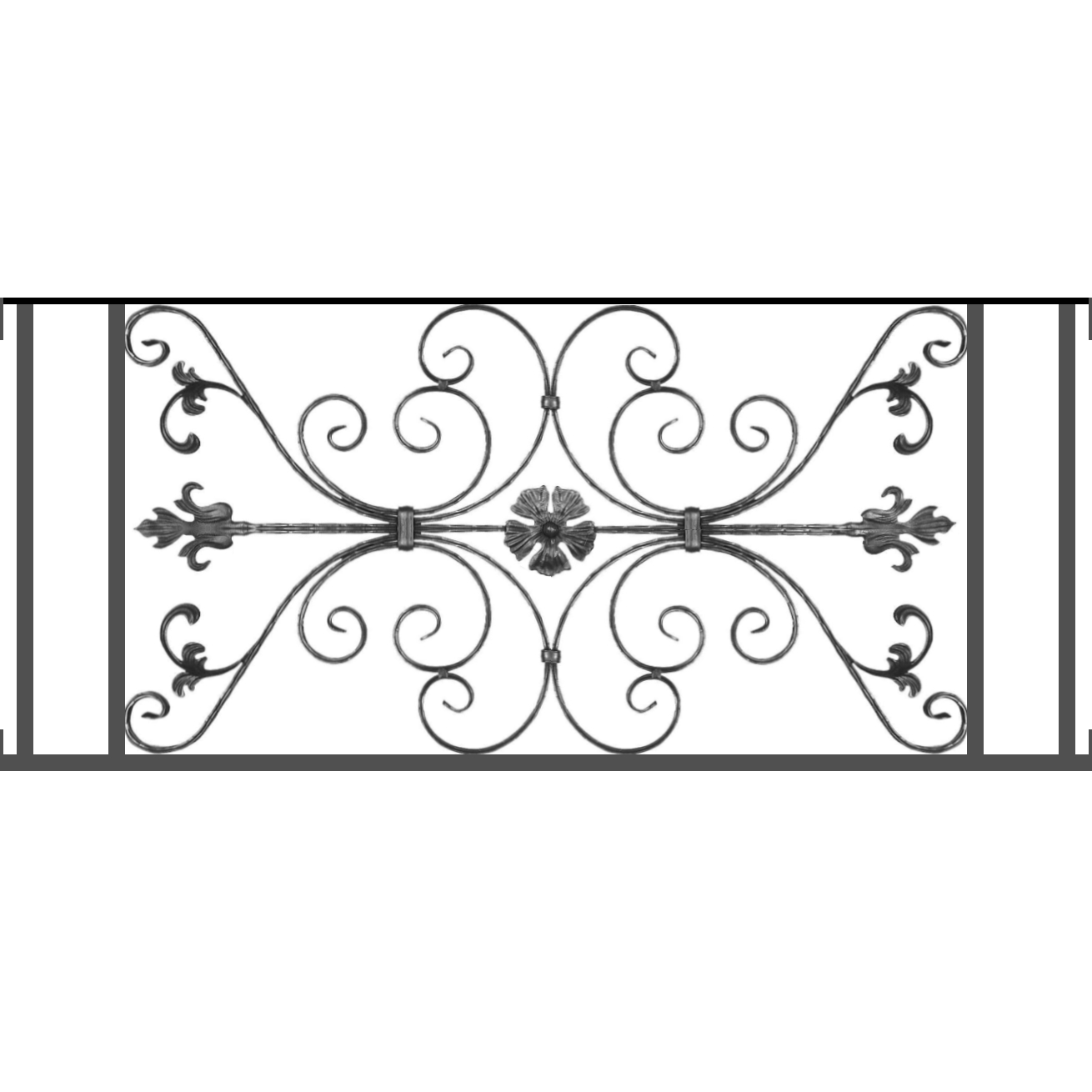 Appui de fenêtre type AF013 à visser dans votre tableau de fenêtre. Longueur finie de 1310mm et Hauteur finie de 568mm. Convient pour les tableaux de fenêtre de 1310mm. Main courante laminée de 1310mm de long en fer forgé sur le dessus. Motif au centre de 1010mm de long par 540mm de haut. Le reste de la structure est en tube acier carré de 20mm de section.