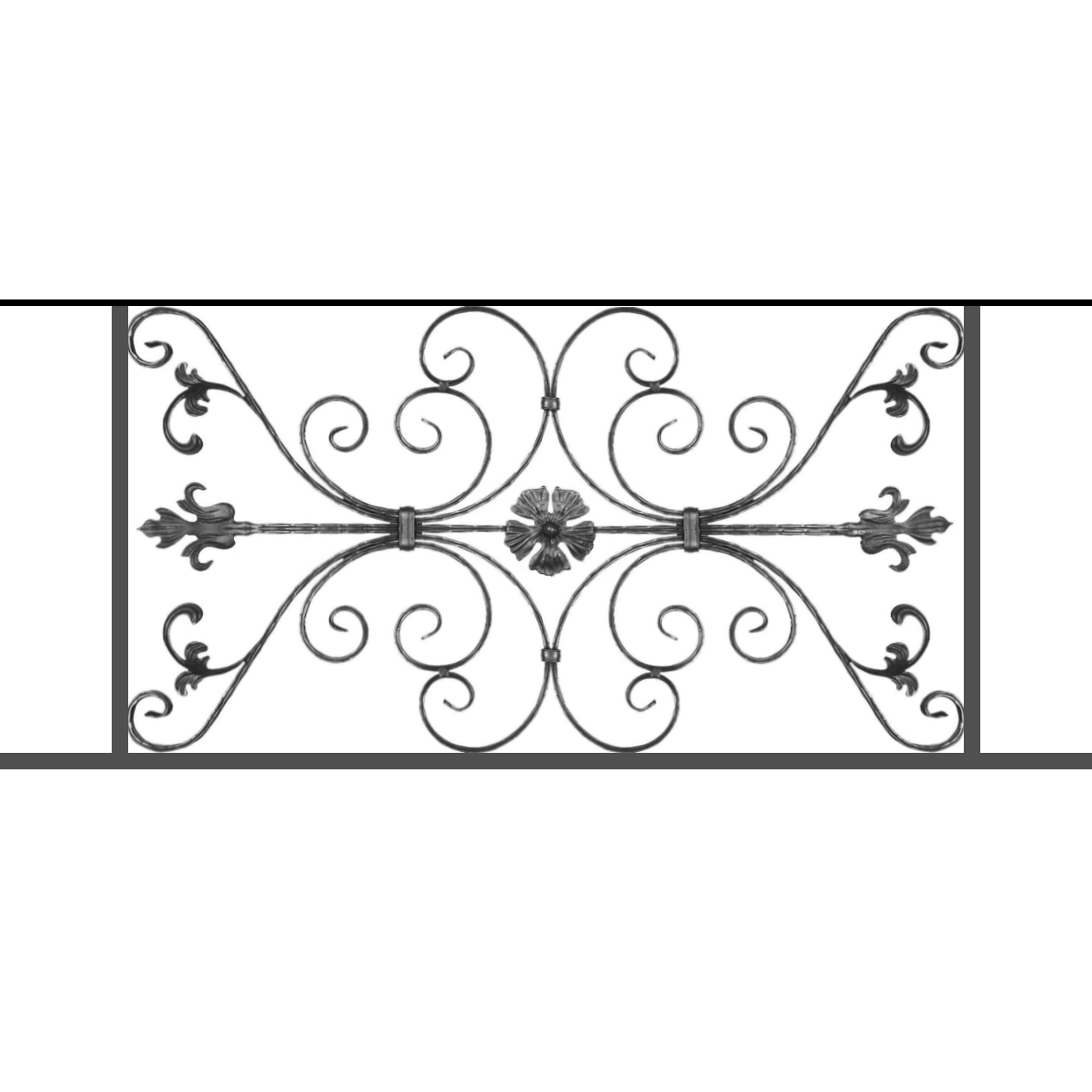 Appui de fenêtre type AF013 à sceller dans votre tableau de fenêtre. Longueur finie de 1320mm et Hauteur finie de 568mm. Convient pour les tableaux de fenêtre de 1220mm. 50mm de scellement sont prévue de chaque côté. Main courante laminée de 1220mm de long en fer forgé sur le dessus. Motif au centre de 1010mm de long par 540mm de haut. Le reste de la structure est en tube acier carré de 20mm de section.