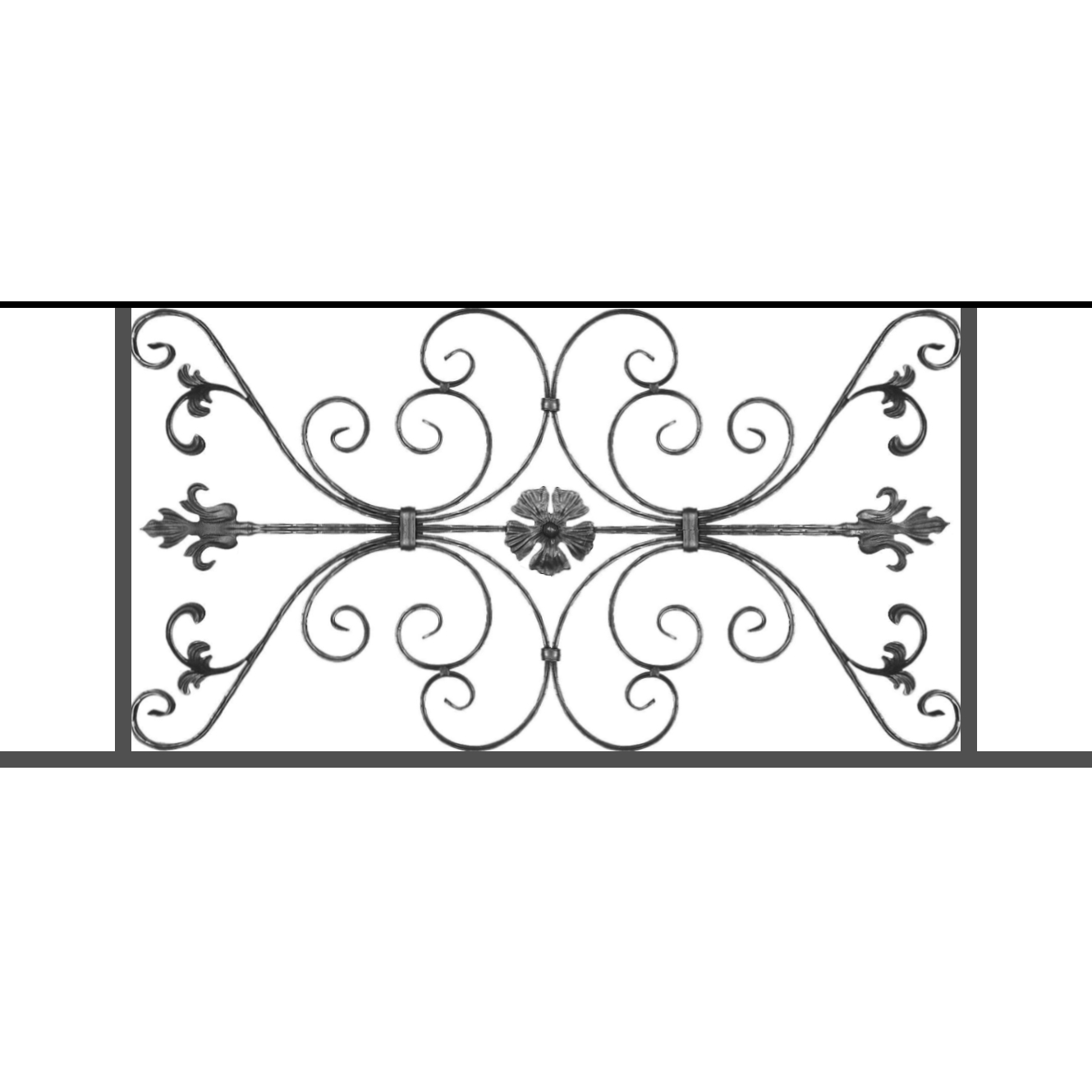 Appui de fenêtre type AF013 à sceller dans votre tableau de fenêtre. Longueur finie de 1330mm et Hauteur finie de 568mm. Convient pour les tableaux de fenêtre de 1230mm. 50mm de scellement sont prévue de chaque côté. Main courante laminée de 1230mm de long en fer forgé sur le dessus. Motif au centre de 1010mm de long par 540mm de haut. Le reste de la structure est en tube acier carré de 20mm de section.