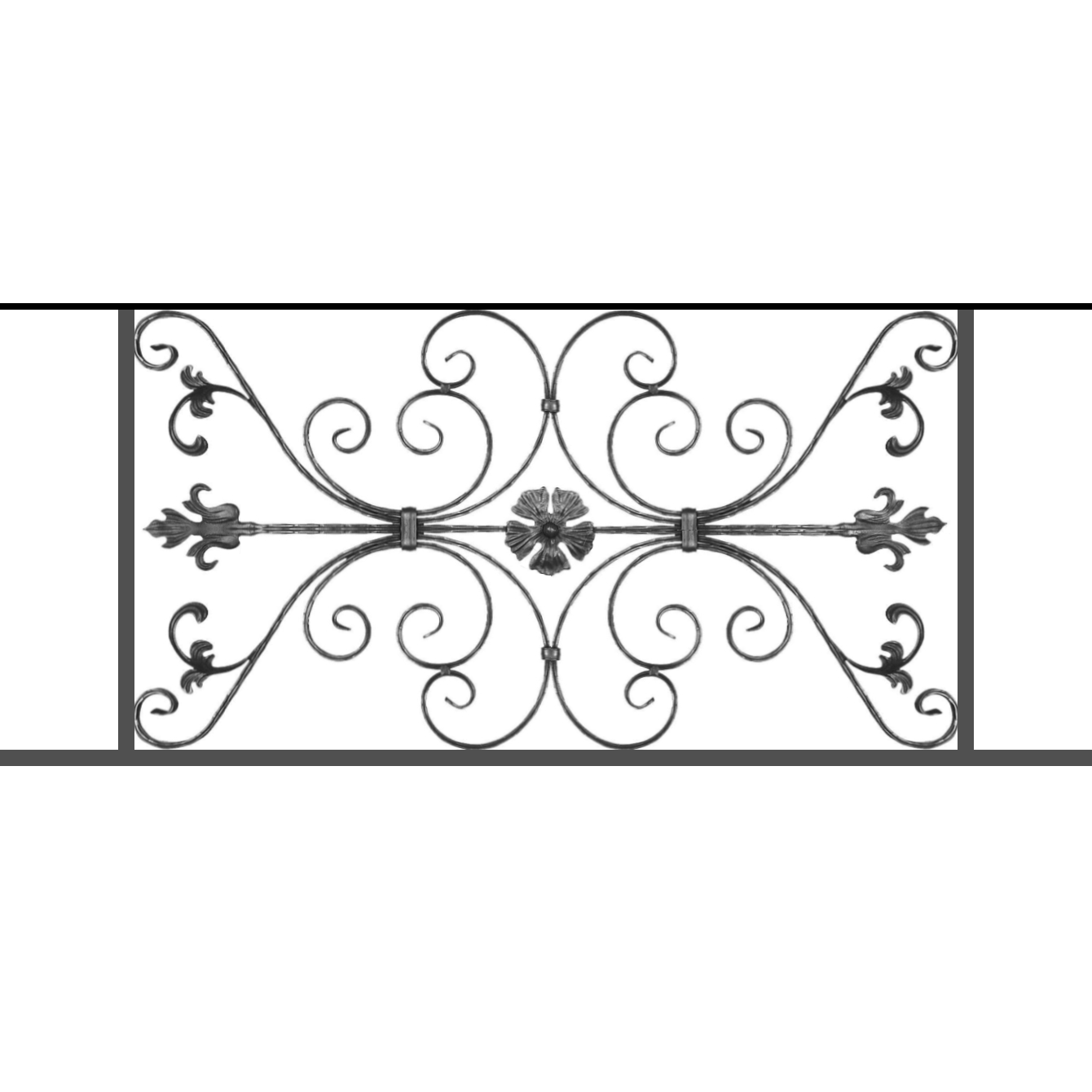 Appui de fenêtre type AF013 à sceller dans votre tableau de fenêtre. Longueur finie de 1340mm et Hauteur finie de 568mm. Convient pour les tableaux de fenêtre de 1240mm. 50mm de scellement sont prévue de chaque côté. Main courante laminée de 1240mm de long en fer forgé sur le dessus. Motif au centre de 1010mm de long par 540mm de haut. Le reste de la structure est en tube acier carré de 20mm de section.