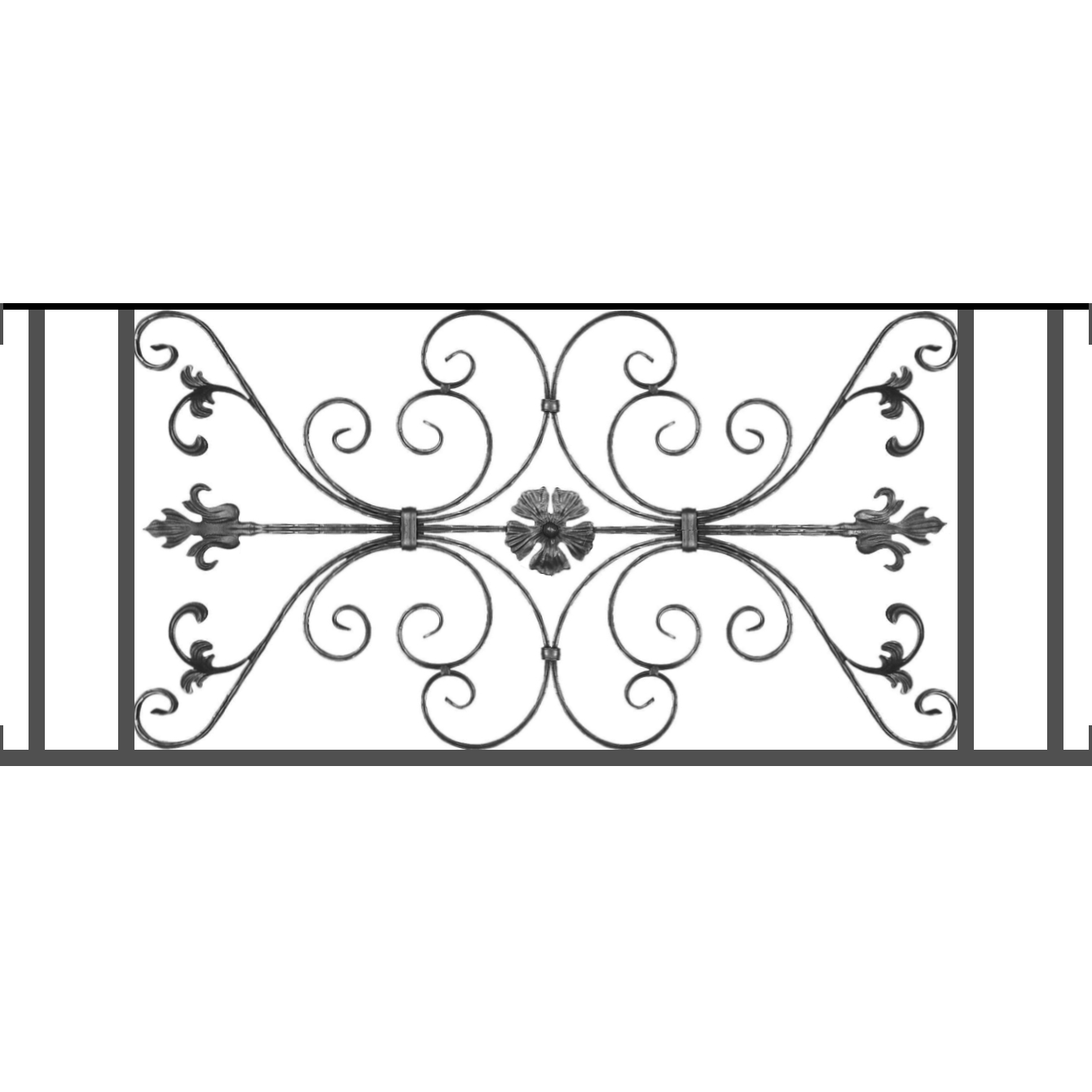 Appui de fenêtre type AF013 à visser dans votre tableau de fenêtre. Longueur finie de 1340mm et Hauteur finie de 568mm. Convient pour les tableaux de fenêtre de 1340mm. Main courante laminée de 1340mm de long en fer forgé sur le dessus. Motif au centre de 1010mm de long par 540mm de haut. Le reste de la structure est en tube acier carré de 20mm de section.