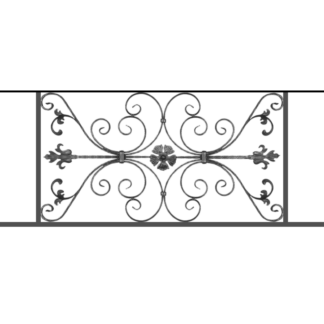 Appui de fenêtre type AF013 à sceller dans votre tableau de fenêtre. Longueur finie de 1350mm et Hauteur finie de 568mm. Convient pour les tableaux de fenêtre de 1250mm. 50mm de scellement sont prévue de chaque côté. Main courante laminée de 1250mm de long en fer forgé sur le dessus. Motif au centre de 1010mm de long par 540mm de haut. Le reste de la structure est en tube acier carré de 20mm de section.