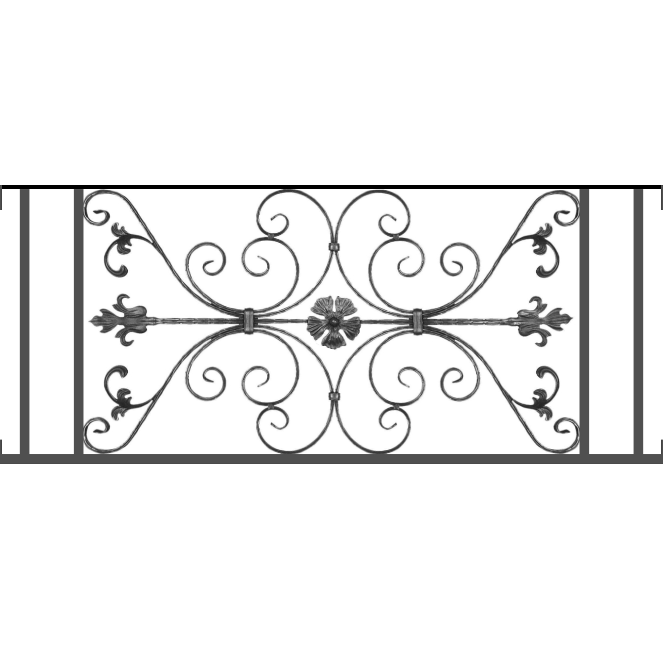 Appui de fenêtre type AF013 à visser dans votre tableau de fenêtre. Longueur finie de 1350mm et Hauteur finie de 568mm. Convient pour les tableaux de fenêtre de 1350mm. Main courante laminée de 1350mm de long en fer forgé sur le dessus. Motif au centre de 1010mm de long par 540mm de haut. Le reste de la structure est en tube acier carré de 20mm de section.