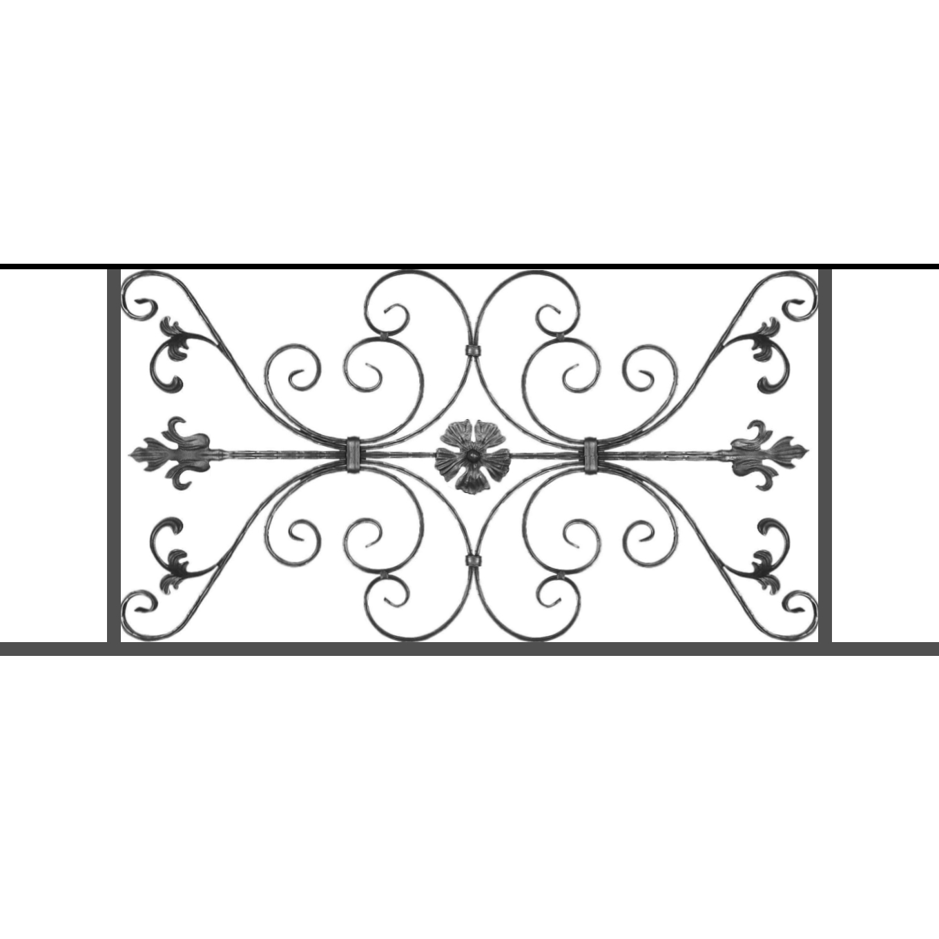 Appui de fenêtre type AF013 à sceller dans votre tableau de fenêtre. Longueur finie de 1360mm et Hauteur finie de 568mm. Convient pour les tableaux de fenêtre de 1260mm. 50mm de scellement sont prévue de chaque côté. Main courante laminée de 1260mm de long en fer forgé sur le dessus. Motif au centre de 1010mm de long par 540mm de haut. Le reste de la structure est en tube acier carré de 20mm de section.