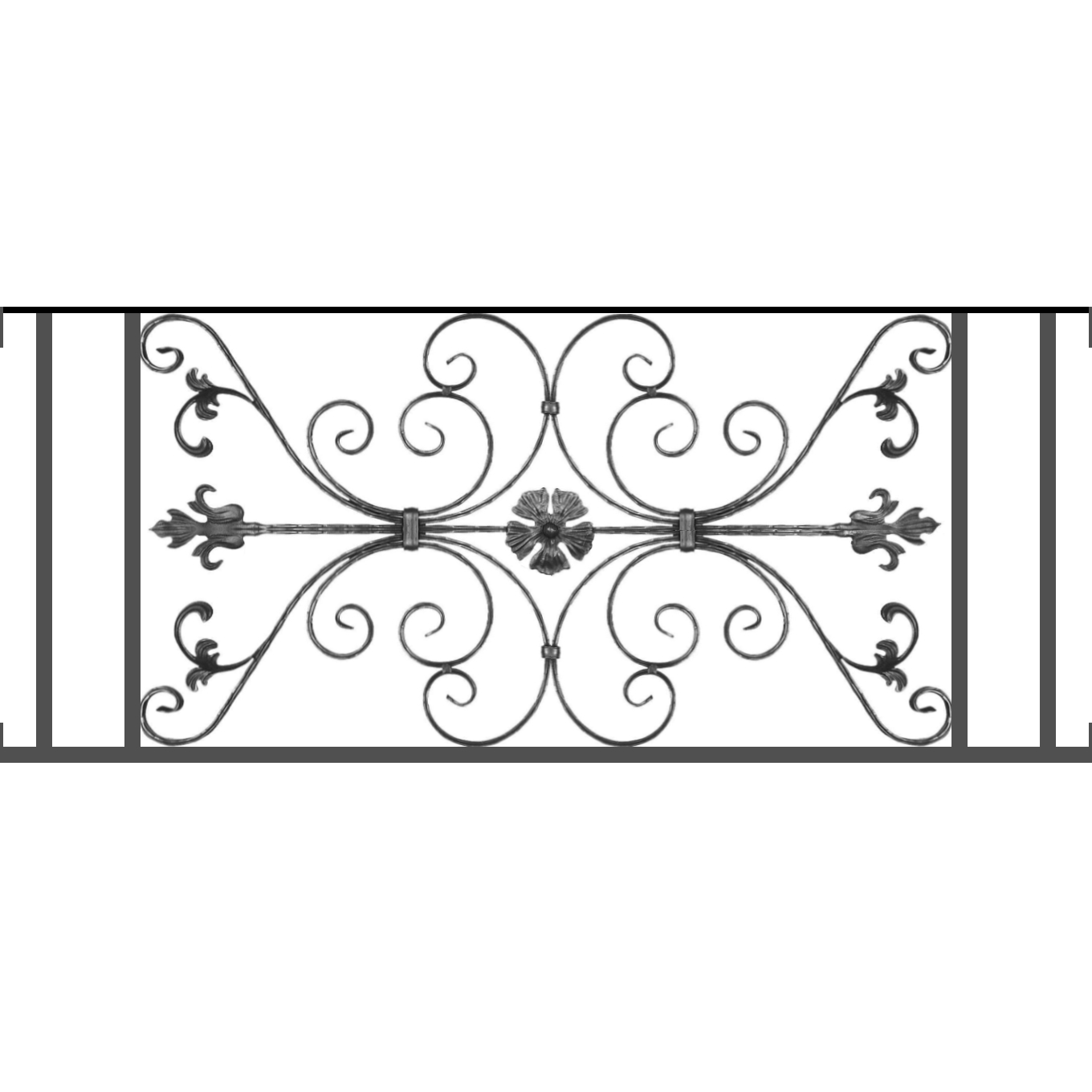 Appui de fenêtre type AF013 à visser dans votre tableau de fenêtre. Longueur finie de 1360mm et Hauteur finie de 568mm. Convient pour les tableaux de fenêtre de 1360mm. Main courante laminée de 1360mm de long en fer forgé sur le dessus. Motif au centre de 1010mm de long par 540mm de haut. Le reste de la structure est en tube acier carré de 20mm de section.