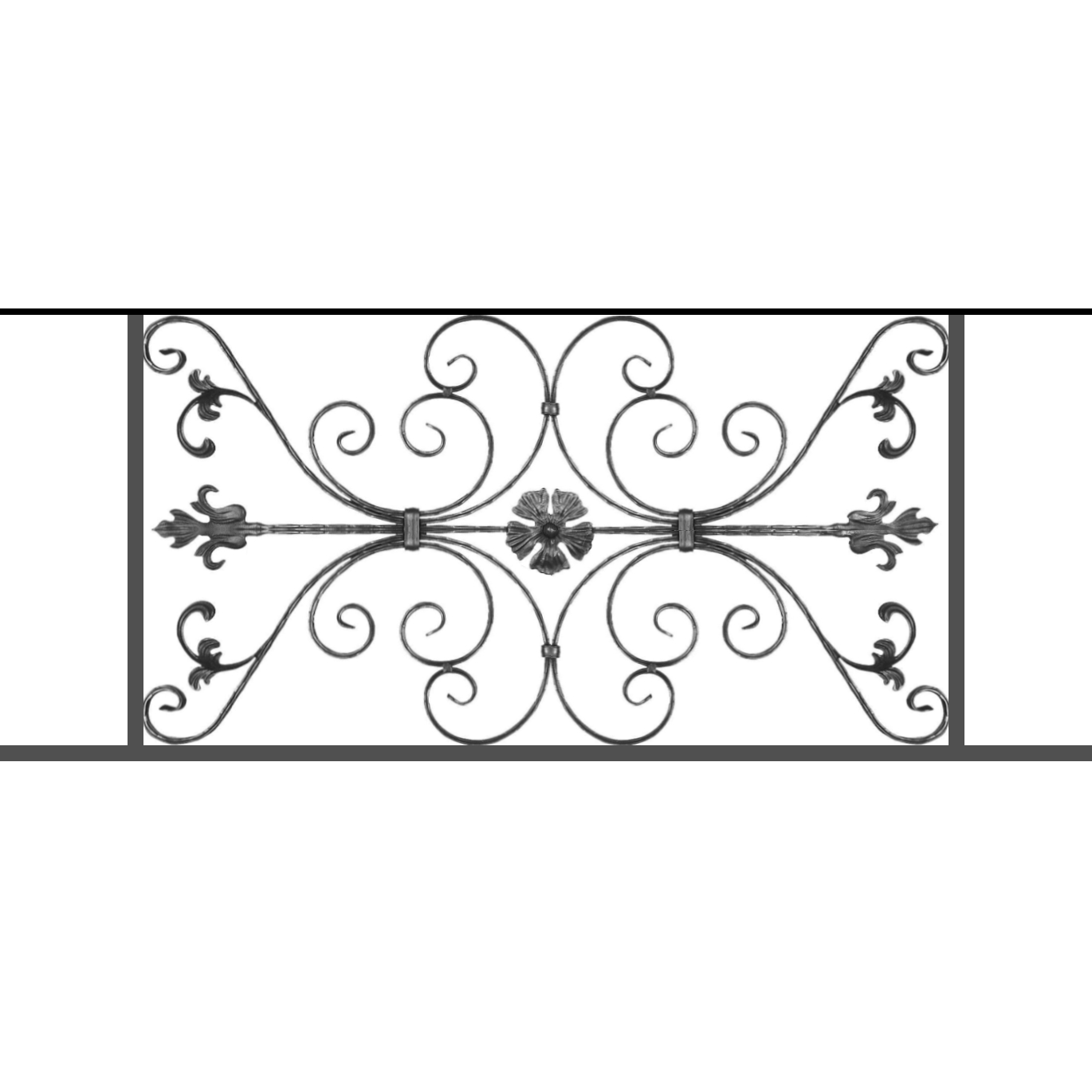 Appui de fenêtre type AF013 à sceller dans votre tableau de fenêtre. Longueur finie de 1370mm et Hauteur finie de 568mm. Convient pour les tableaux de fenêtre de 1270mm. 50mm de scellement sont prévue de chaque côté. Main courante laminée de 1270mm de long en fer forgé sur le dessus. Motif au centre de 1010mm de long par 540mm de haut. Le reste de la structure est en tube acier carré de 20mm de section.