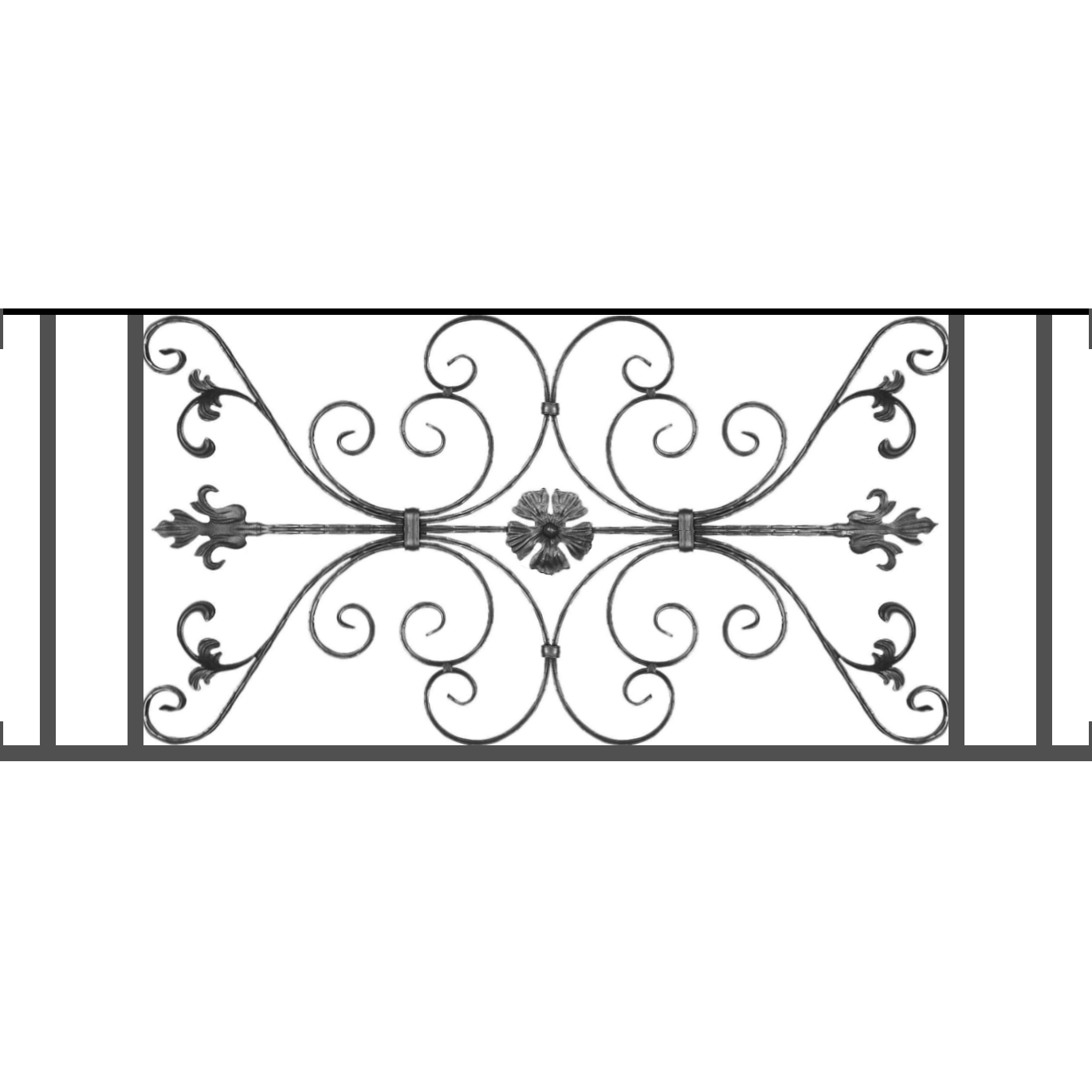 Appui de fenêtre type AF013 à visser dans votre tableau de fenêtre. Longueur finie de 1370mm et Hauteur finie de 568mm. Convient pour les tableaux de fenêtre de 1370mm. Main courante laminée de 1370mm de long en fer forgé sur le dessus. Motif au centre de 1010mm de long par 540mm de haut. Le reste de la structure est en tube acier carré de 20mm de section.