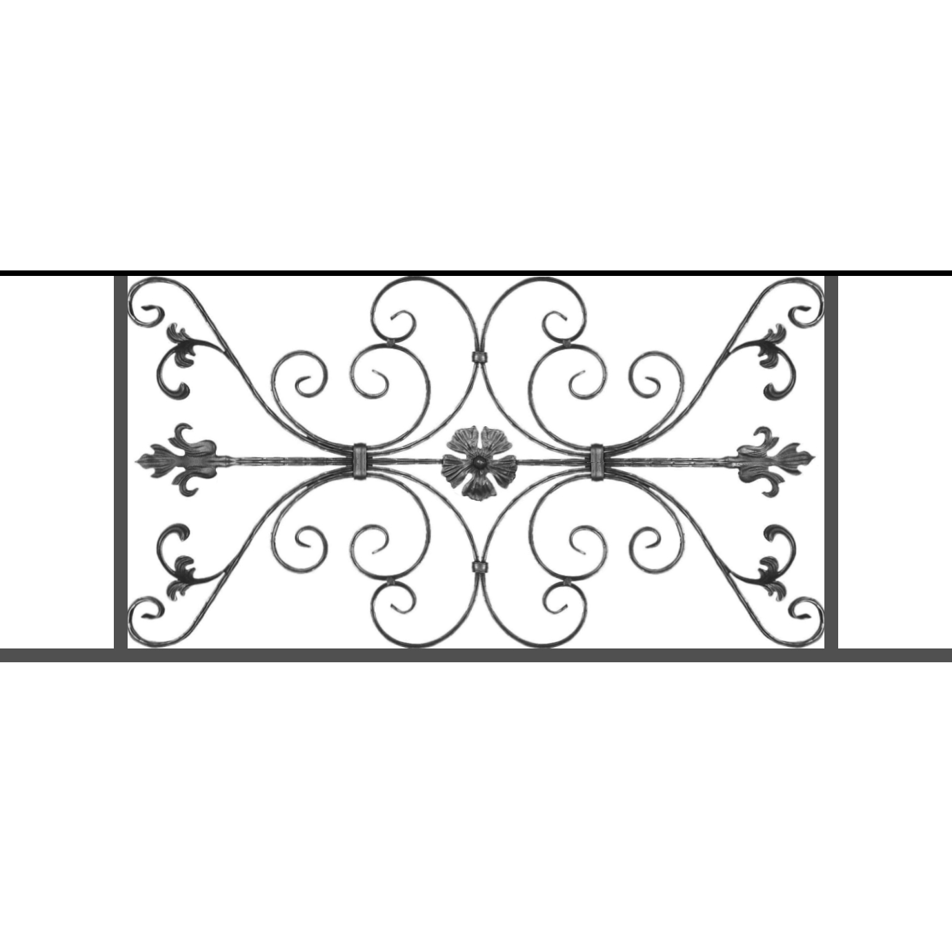 Appui de fenêtre type AF013 à sceller dans votre tableau de fenêtre. Longueur finie de 1380mm et Hauteur finie de 568mm. Convient pour les tableaux de fenêtre de 1280mm. 50mm de scellement sont prévue de chaque côté. Main courante laminée de 1280mm de long en fer forgé sur le dessus. Motif au centre de 1010mm de long par 540mm de haut. Le reste de la structure est en tube acier carré de 20mm de section.