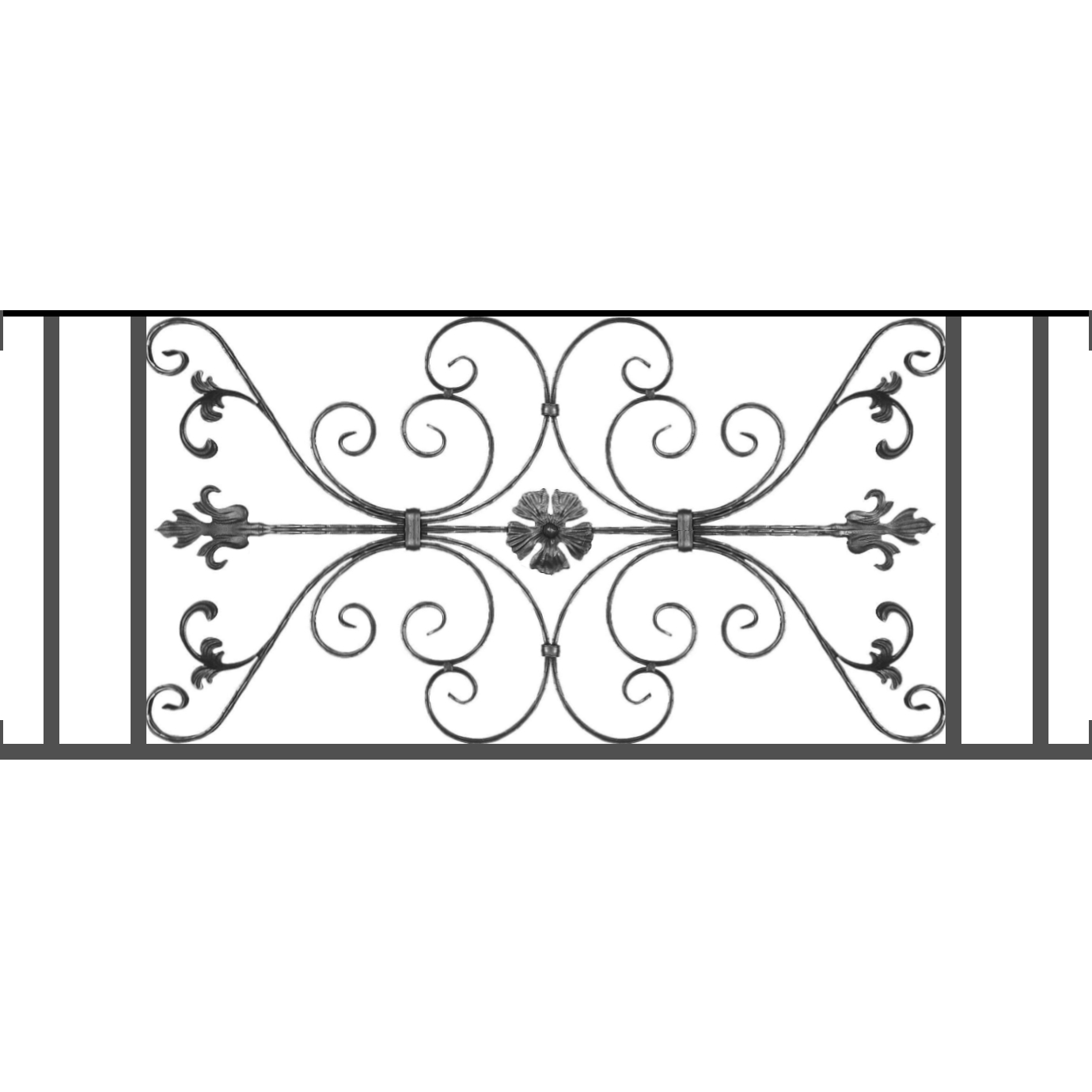 Appui de fenêtre type AF013 à visser dans votre tableau de fenêtre. Longueur finie de 1380mm et Hauteur finie de 568mm. Convient pour les tableaux de fenêtre de 1380mm. Main courante laminée de 1380mm de long en fer forgé sur le dessus. Motif au centre de 1010mm de long par 540mm de haut. Le reste de la structure est en tube acier carré de 20mm de section.