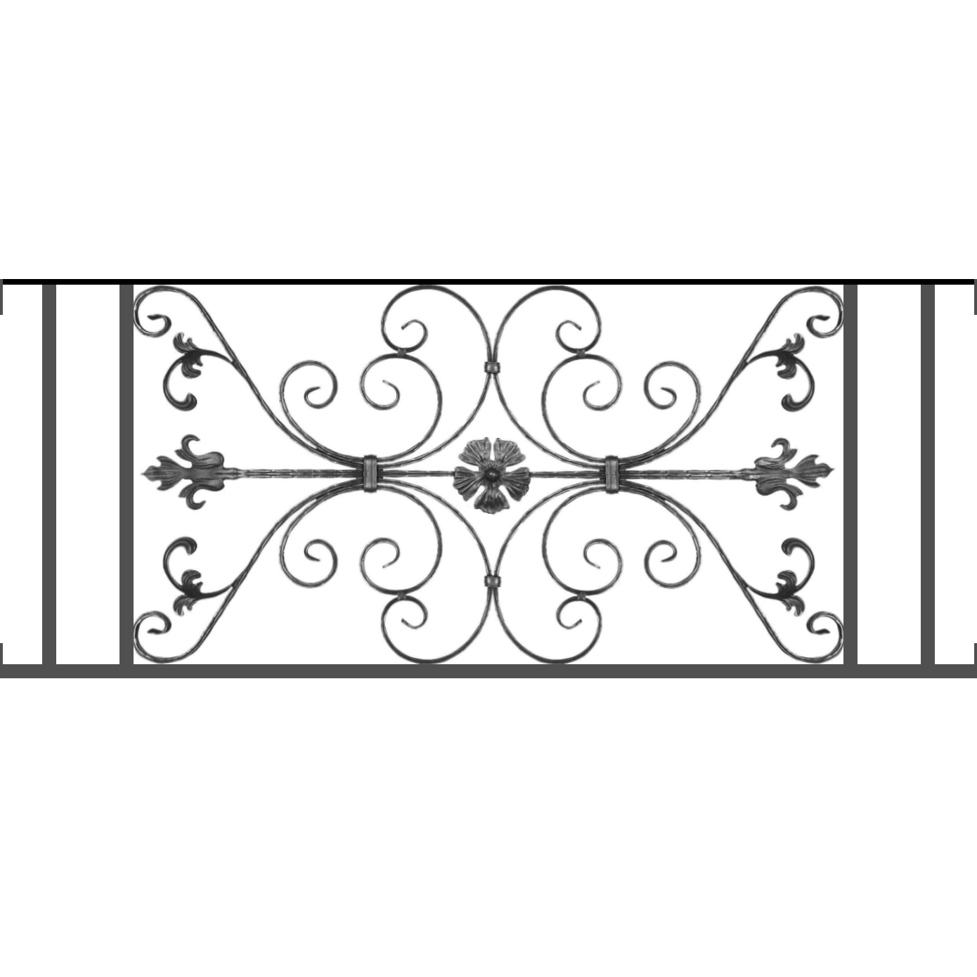 Appui de fenêtre type AF013 à visser dans votre tableau de fenêtre. Longueur finie de 1390mm et Hauteur finie de 568mm. Convient pour les tableaux de fenêtre de 1390mm. Main courante laminée de 1390mm de long en fer forgé sur le dessus. Motif au centre de 1010mm de long par 540mm de haut. Le reste de la structure est en tube acier carré de 20mm de section.