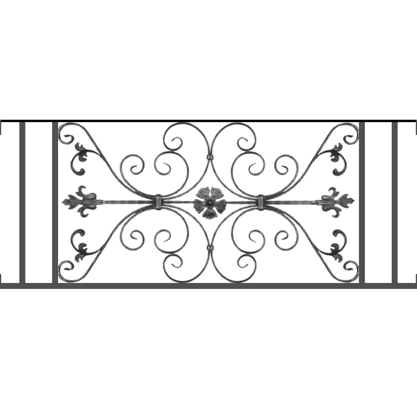 Appui de fenêtre type AF013 à visser dans votre tableau de fenêtre. Longueur finie de 1400mm et Hauteur finie de 568mm. Convient pour les tableaux de fenêtre de 1400mm. Main courante laminée de 1400mm de long en fer forgé sur le dessus. Motif au centre de 1010mm de long par 540mm de haut. Le reste de la structure est en tube acier carré de 20mm de section.