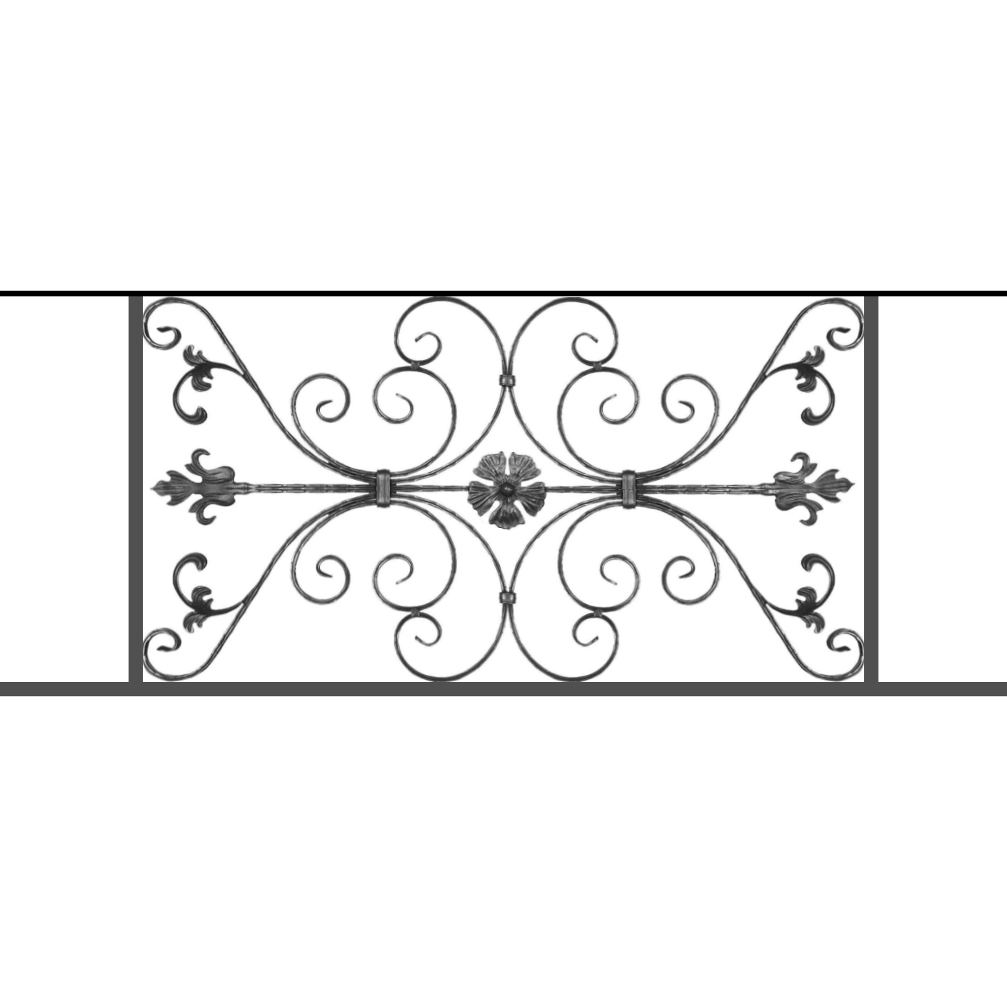 Appui de fenêtre type AF013 à sceller dans votre tableau de fenêtre. Longueur finie de 1410mm et Hauteur finie de 568mm. Convient pour les tableaux de fenêtre de 1310mm. 50mm de scellement sont prévue de chaque côté. Main courante laminée de 1310mm de long en fer forgé sur le dessus. Motif au centre de 1010mm de long par 540mm de haut. Le reste de la structure est en tube acier carré de 20mm de section.
