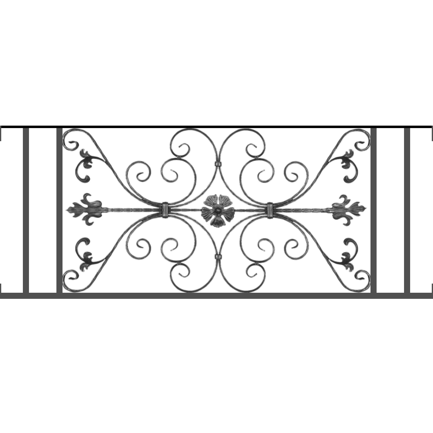 Appui de fenêtre type AF013 à visser dans votre tableau de fenêtre. Longueur finie de 1420mm et Hauteur finie de 568mm. Convient pour les tableaux de fenêtre de 1420mm. Main courante laminée de 1420mm de long en fer forgé sur le dessus. Motif au centre de 1010mm de long par 540mm de haut. Le reste de la structure est en tube acier carré de 20mm de section.