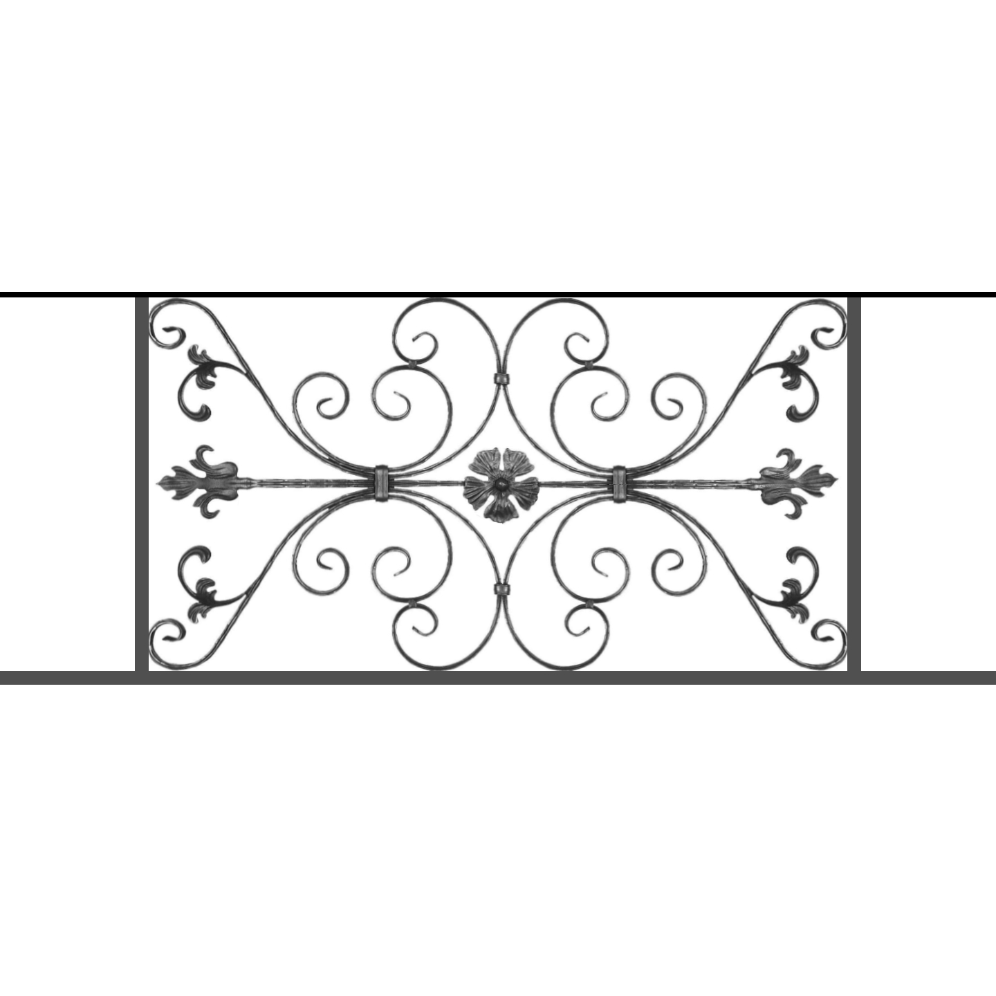 Appui de fenêtre type AF013 à sceller dans votre tableau de fenêtre. Longueur finie de 1440mm et Hauteur finie de 568mm. Convient pour les tableaux de fenêtre de 1340mm. 50mm de scellement sont prévue de chaque côté. Main courante laminée de 1340mm de long en fer forgé sur le dessus. Motif au centre de 1010mm de long par 540mm de haut. Le reste de la structure est en tube acier carré de 20mm de section.