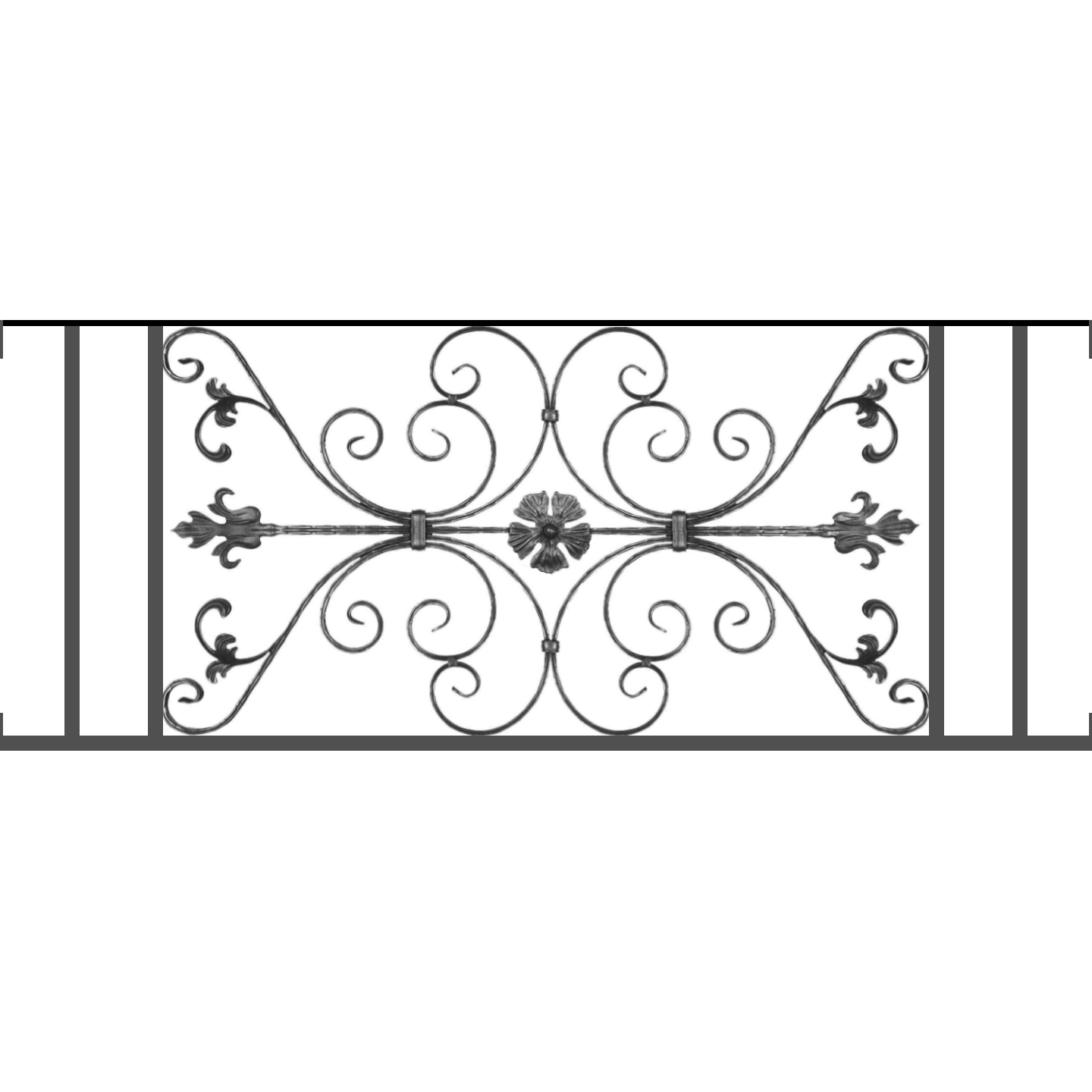Appui de fenêtre type AF013 à visser dans votre tableau de fenêtre. Longueur finie de 1440mm et Hauteur finie de 568mm. Convient pour les tableaux de fenêtre de 1440mm. Main courante laminée de 1440mm de long en fer forgé sur le dessus. Motif au centre de 1010mm de long par 540mm de haut. Le reste de la structure est en tube acier carré de 20mm de section.