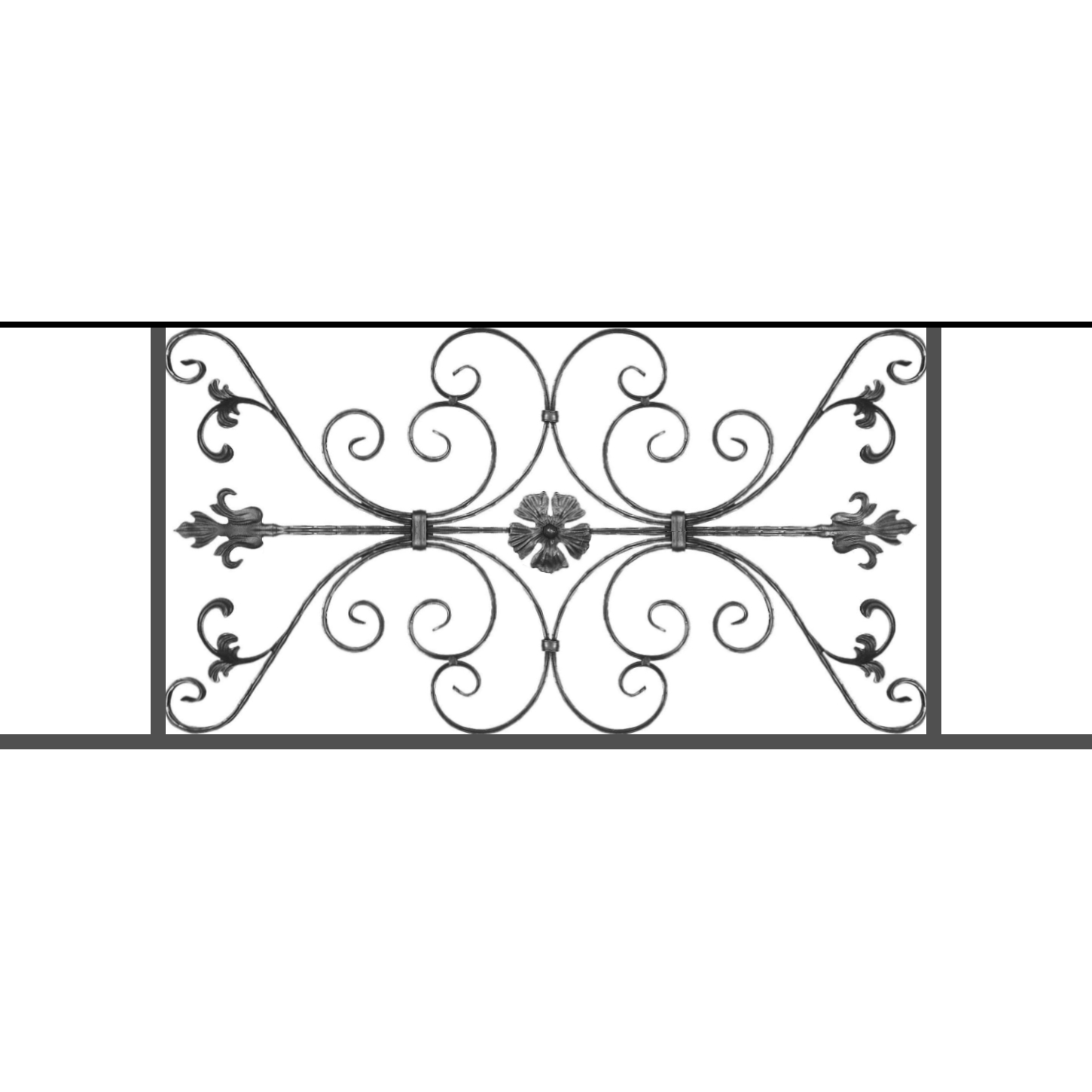 Appui de fenêtre type AF013 à sceller dans votre tableau de fenêtre. Longueur finie de 1450mm et Hauteur finie de 568mm. Convient pour les tableaux de fenêtre de 1350mm. 50mm de scellement sont prévue de chaque côté. Main courante laminée de 1350mm de long en fer forgé sur le dessus. Motif au centre de 1010mm de long par 540mm de haut. Le reste de la structure est en tube acier carré de 20mm de section.