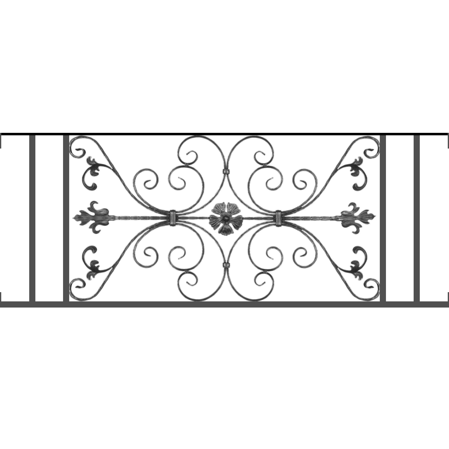 Appui de fenêtre type AF013 à visser dans votre tableau de fenêtre. Longueur finie de 1460mm et Hauteur finie de 568mm. Convient pour les tableaux de fenêtre de 1460mm. Main courante laminée de 1460mm de long en fer forgé sur le dessus. Motif au centre de 1010mm de long par 540mm de haut. Le reste de la structure est en tube acier carré de 20mm de section.