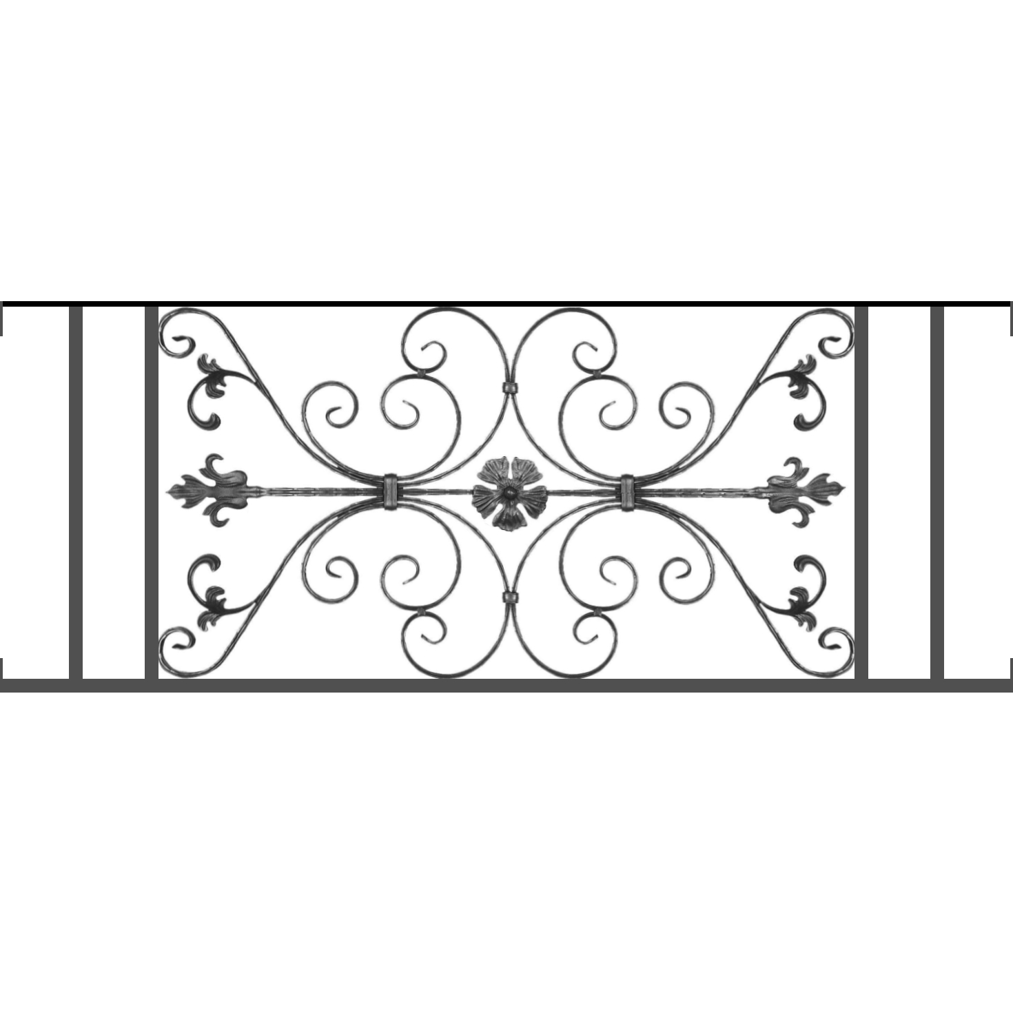 Appui de fenêtre type AF013 à visser dans votre tableau de fenêtre. Longueur finie de 1470mm et Hauteur finie de 568mm. Convient pour les tableaux de fenêtre de 1470mm. Main courante laminée de 1470mm de long en fer forgé sur le dessus. Motif au centre de 1010mm de long par 540mm de haut. Le reste de la structure est en tube acier carré de 20mm de section.