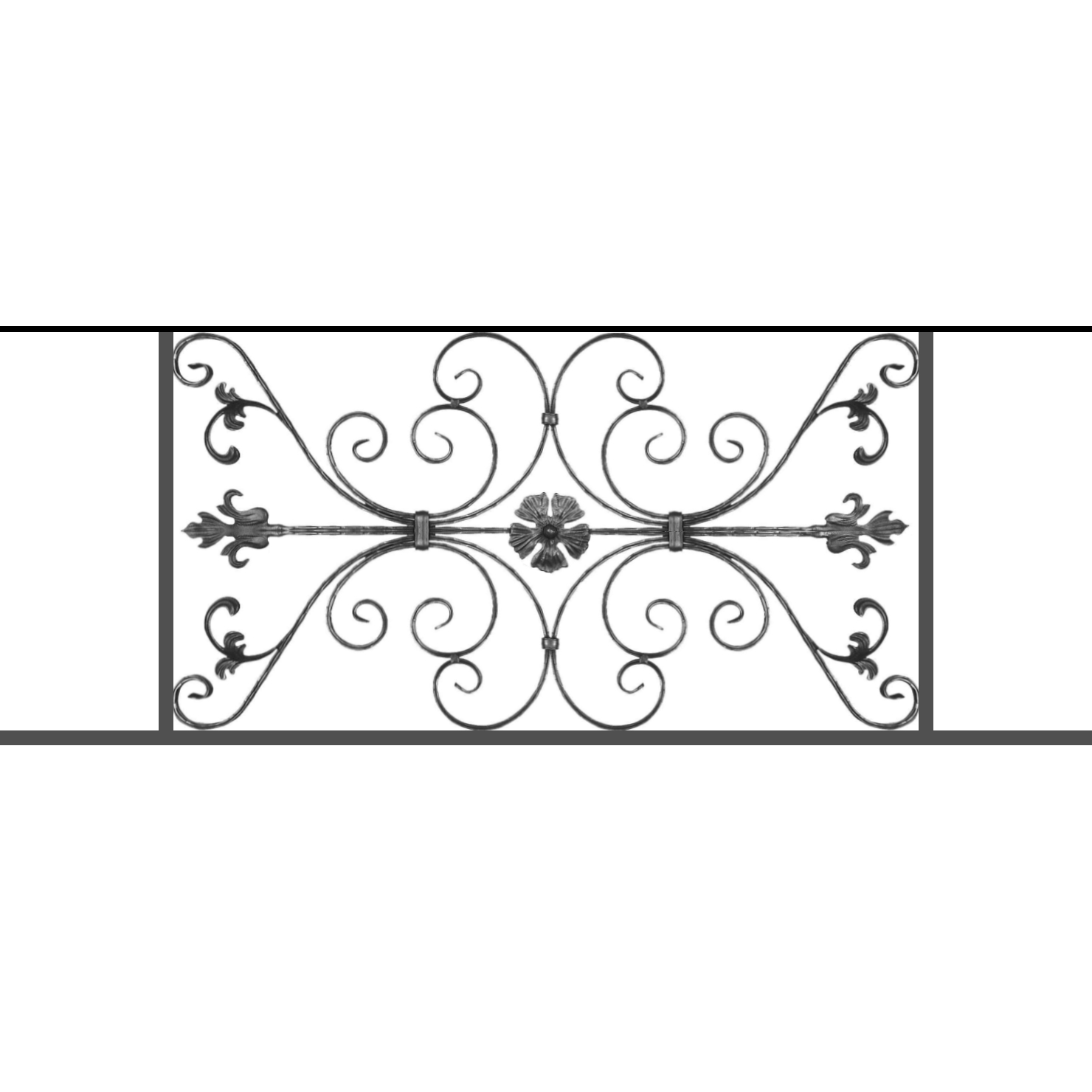 Appui de fenêtre type AF013 à sceller dans votre tableau de fenêtre. Longueur finie de 1480mm et Hauteur finie de 568mm. Convient pour les tableaux de fenêtre de 1380mm. 50mm de scellement sont prévue de chaque côté. Main courante laminée de 1380mm de long en fer forgé sur le dessus. Motif au centre de 1010mm de long par 540mm de haut. Le reste de la structure est en tube acier carré de 20mm de section.