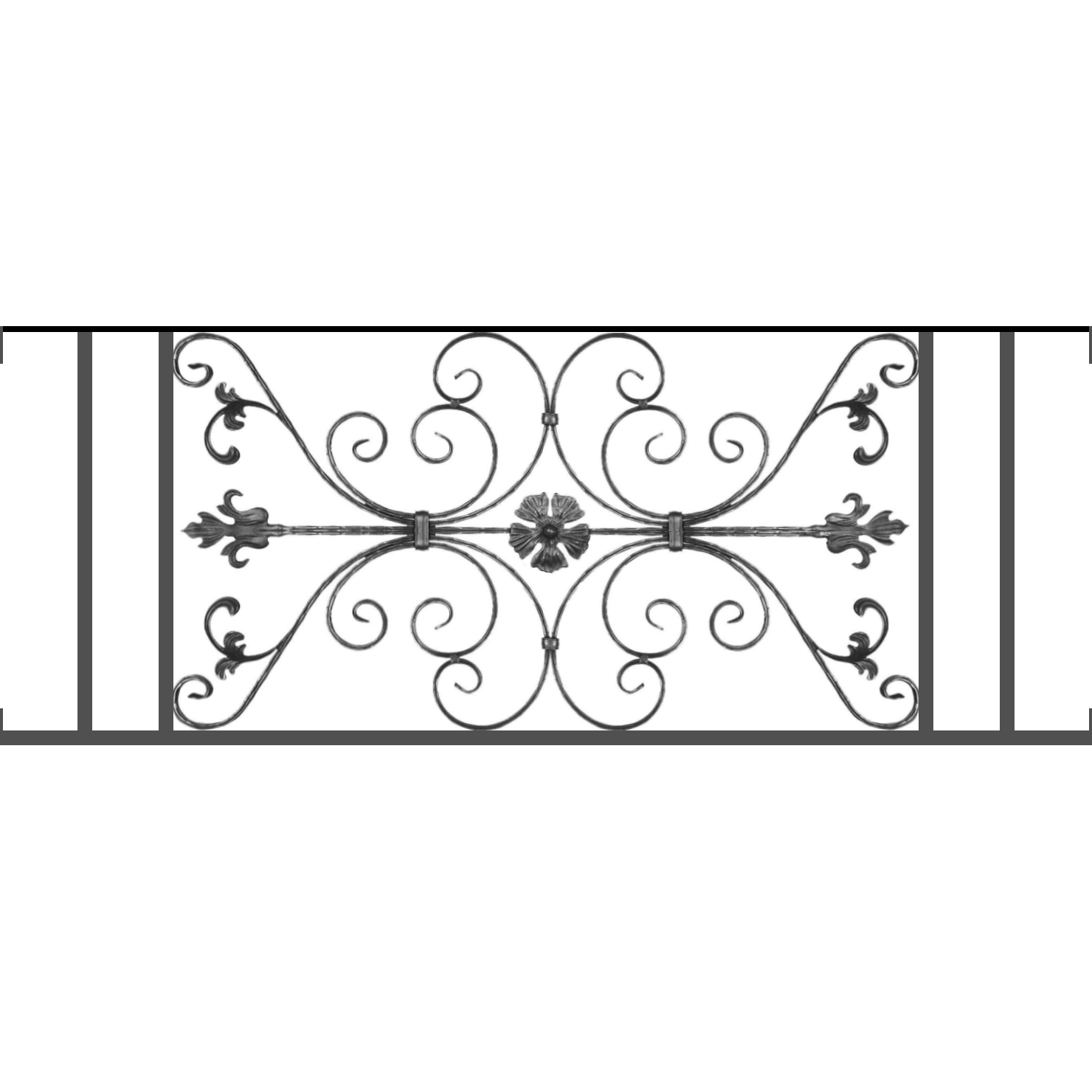 Appui de fenêtre type AF013 à visser dans votre tableau de fenêtre. Longueur finie de 1480mm et Hauteur finie de 568mm. Convient pour les tableaux de fenêtre de 1480mm. Main courante laminée de 1480mm de long en fer forgé sur le dessus. Motif au centre de 1010mm de long par 540mm de haut. Le reste de la structure est en tube acier carré de 20mm de section.