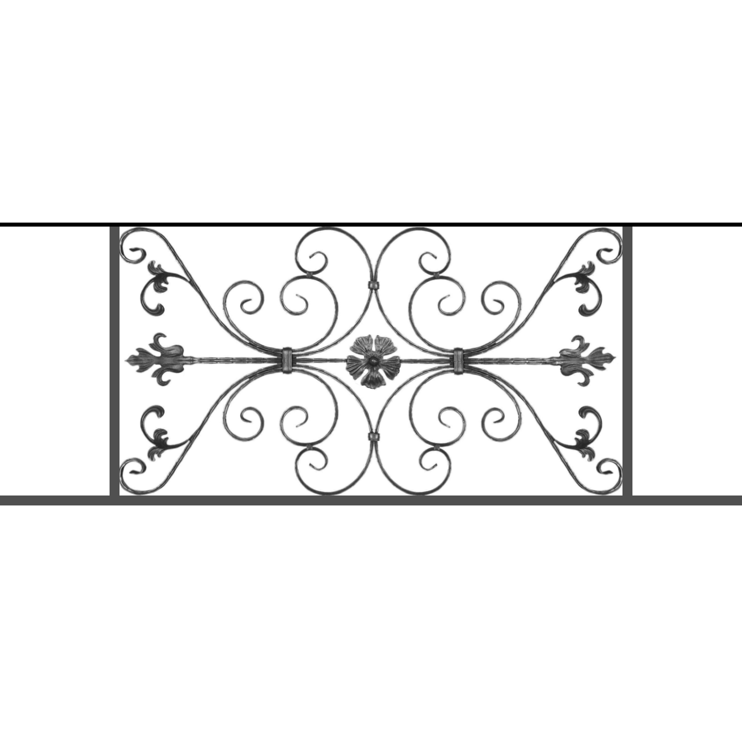 Appui de fenêtre type AF013 à sceller dans votre tableau de fenêtre. Longueur finie de 1490mm et Hauteur finie de 568mm. Convient pour les tableaux de fenêtre de 1390mm. 50mm de scellement sont prévue de chaque côté. Main courante laminée de 1390mm de long en fer forgé sur le dessus. Motif au centre de 1010mm de long par 540mm de haut. Le reste de la structure est en tube acier carré de 20mm de section.