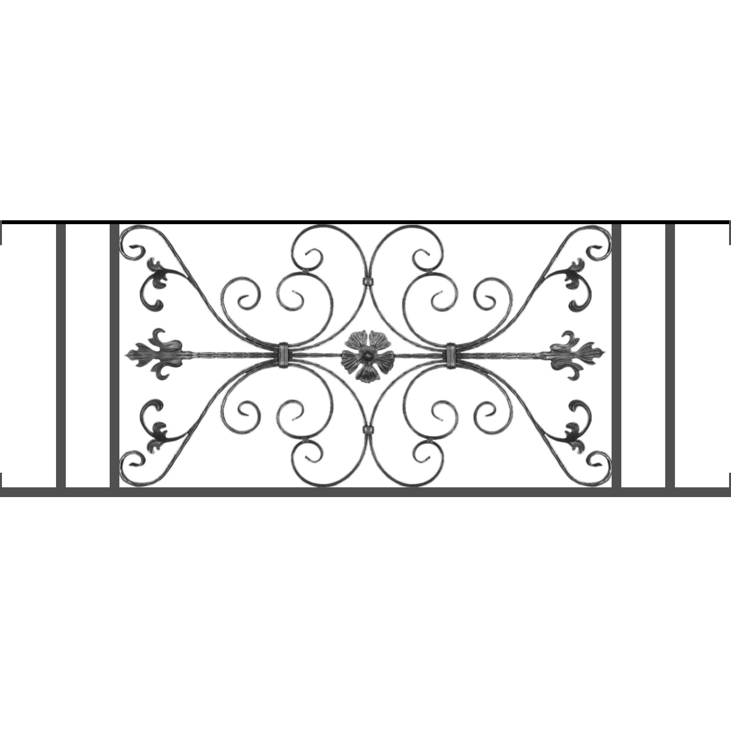 Appui de fenêtre type AF013 à visser dans votre tableau de fenêtre. Longueur finie de 1500mm et Hauteur finie de 568mm. Convient pour les tableaux de fenêtre de 1500mm. Main courante laminée de 1500mm de long en fer forgé sur le dessus. Motif au centre de 1010mm de long par 540mm de haut. Le reste de la structure est en tube acier carré de 20mm de section.