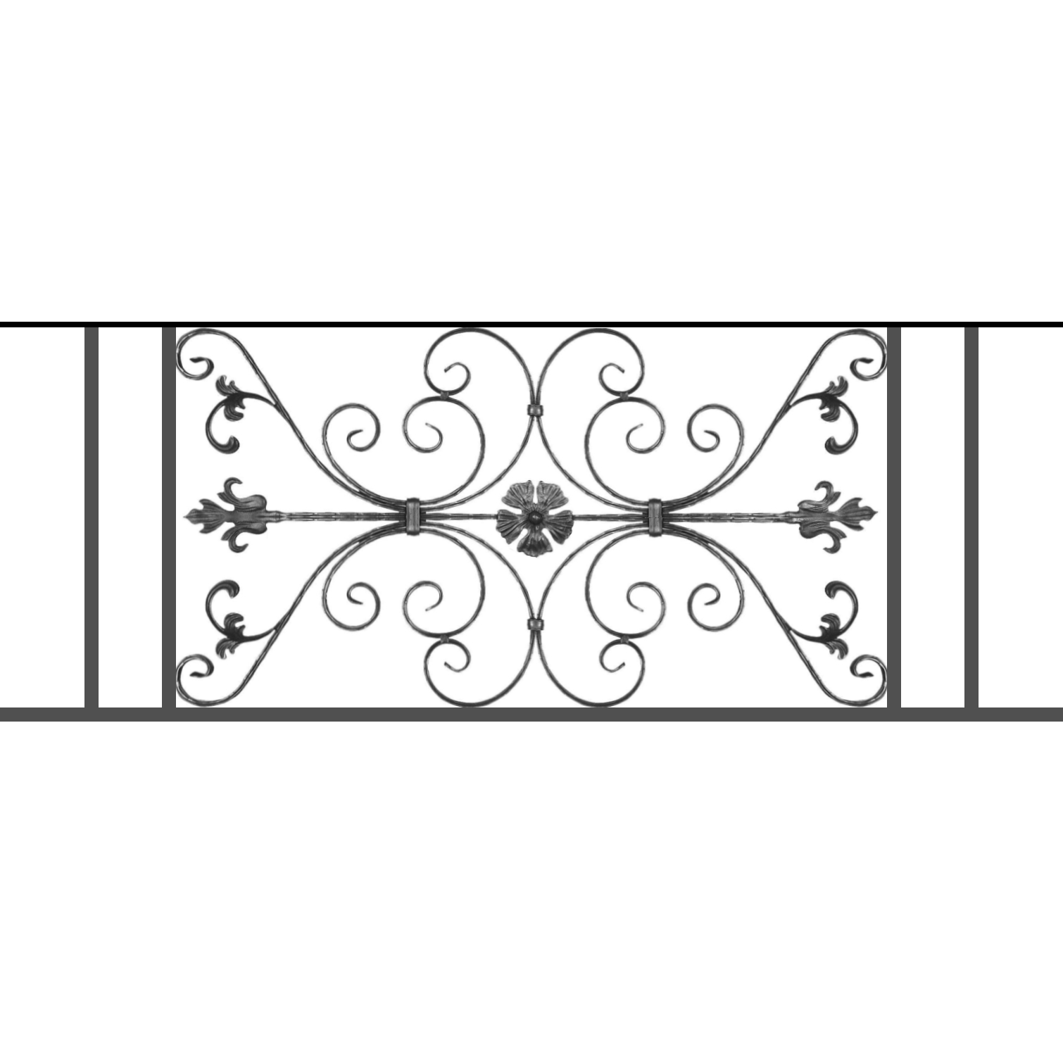 Appui de fenêtre type AF013 à sceller dans votre tableau de fenêtre. Longueur finie de 1510mm et Hauteur finie de 568mm. Convient pour les tableaux de fenêtre de 1410mm. 50mm de scellement sont prévue de chaque côté. Main courante laminée de 1410mm de long en fer forgé sur le dessus. Motif au centre de 1010mm de long par 540mm de haut. Le reste de la structure est en tube acier carré de 20mm de section.