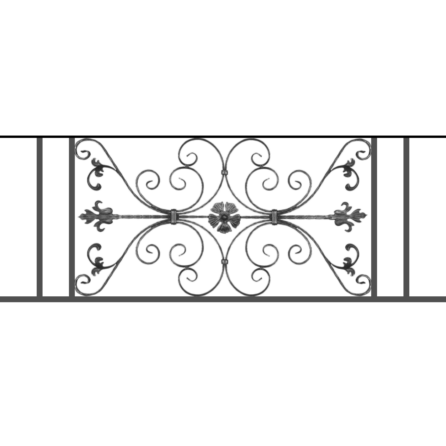 Appui de fenêtre type AF013 à sceller dans votre tableau de fenêtre. Longueur finie de 1520mm et Hauteur finie de 568mm. Convient pour les tableaux de fenêtre de 1420mm. 50mm de scellement sont prévue de chaque côté. Main courante laminée de 1420mm de long en fer forgé sur le dessus. Motif au centre de 1010mm de long par 540mm de haut. Le reste de la structure est en tube acier carré de 20mm de section.