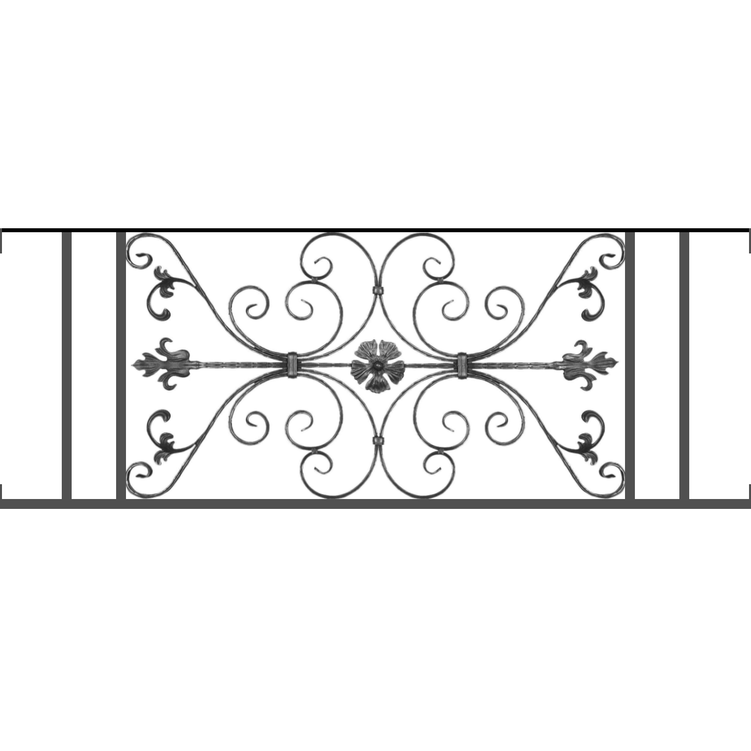 Appui de fenêtre type AF013 à visser dans votre tableau de fenêtre. Longueur finie de 1520mm et Hauteur finie de 568mm. Convient pour les tableaux de fenêtre de 1520mm. Main courante laminée de 1520mm de long en fer forgé sur le dessus. Motif au centre de 1010mm de long par 540mm de haut. Le reste de la structure est en tube acier carré de 20mm de section.