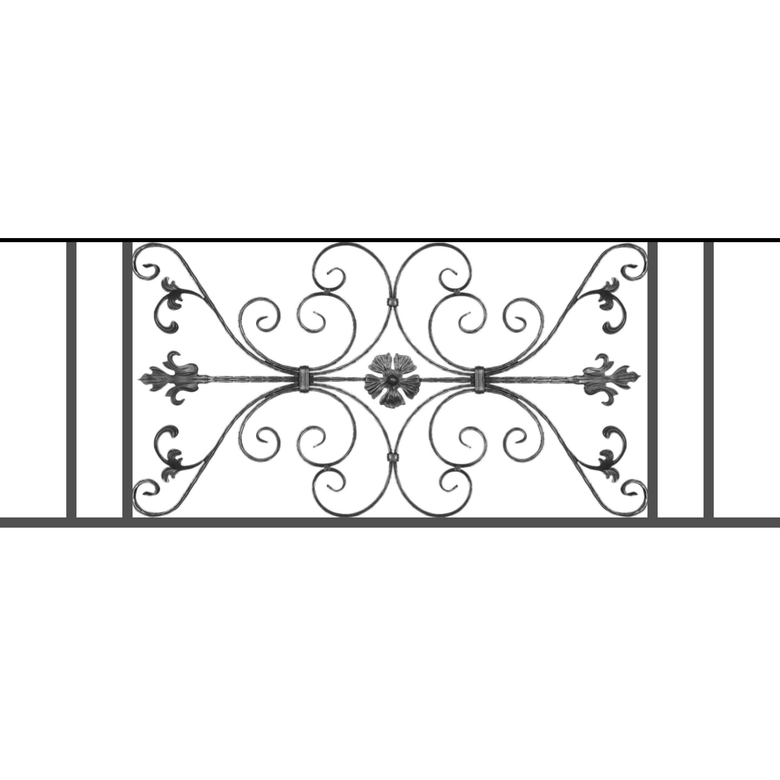 Appui de fenêtre type AF013 à sceller dans votre tableau de fenêtre. Longueur finie de 1530mm et Hauteur finie de 568mm. Convient pour les tableaux de fenêtre de 1430mm. 50mm de scellement sont prévue de chaque côté. Main courante laminée de 1430mm de long en fer forgé sur le dessus. Motif au centre de 1010mm de long par 540mm de haut. Le reste de la structure est en tube acier carré de 20mm de section.