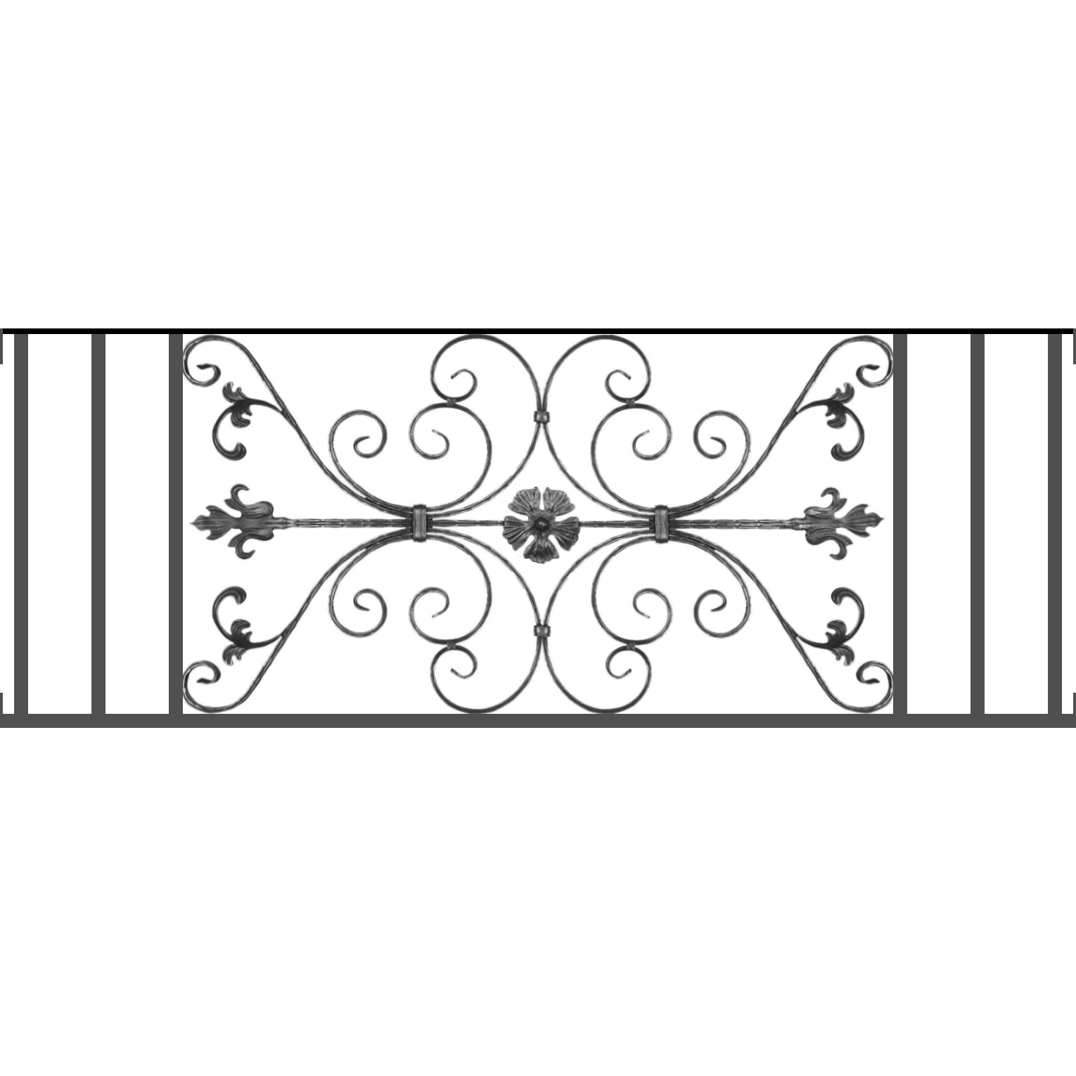 Appui de fenêtre type AF013 à visser dans votre tableau de fenêtre. Longueur finie de 1530mm et Hauteur finie de 568mm. Convient pour les tableaux de fenêtre de 1530mm. Main courante laminée de 1530mm de long en fer forgé sur le dessus. Motif au centre de 1010mm de long par 540mm de haut. Le reste de la structure est en tube acier carré de 20mm de section.